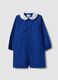 Customisable blue school apron with rhinestone details and floral embroidery_0