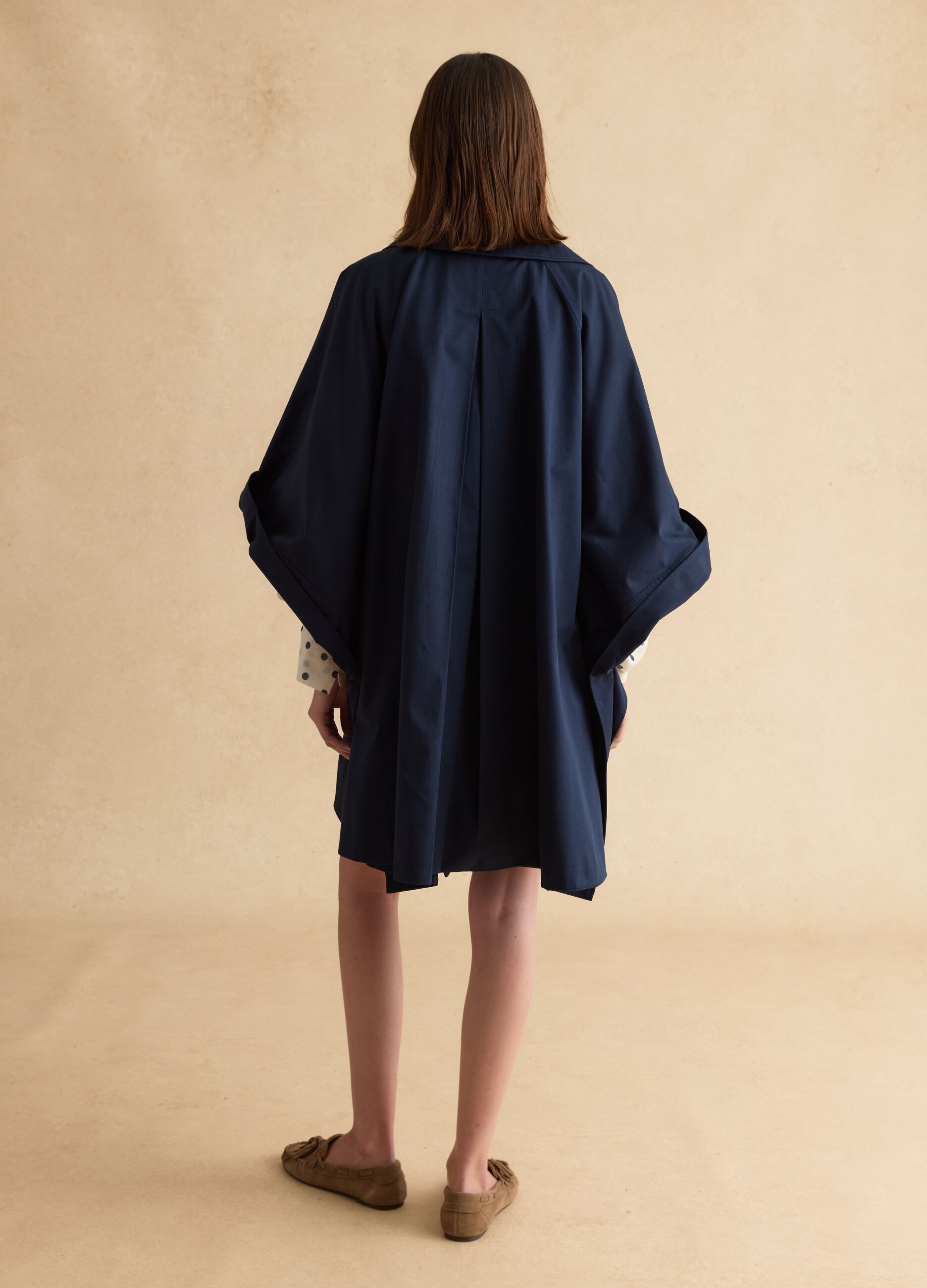 Long blue cotton blend coat with oversized fit