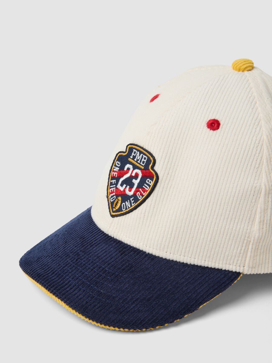Beige pure cotton cap with blue peak and patch_3