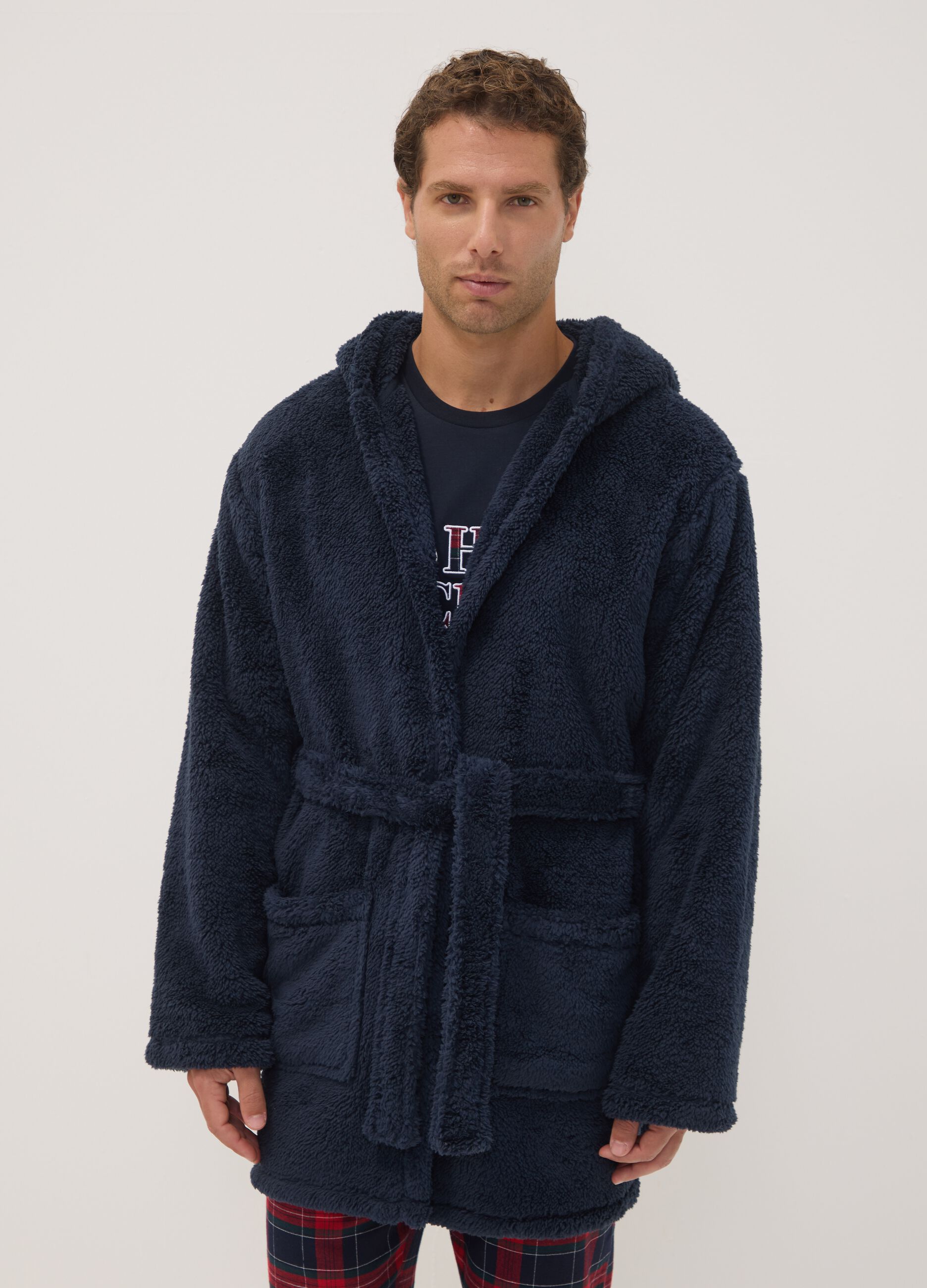 Vestaglia blu navy con cappuccio e cintura