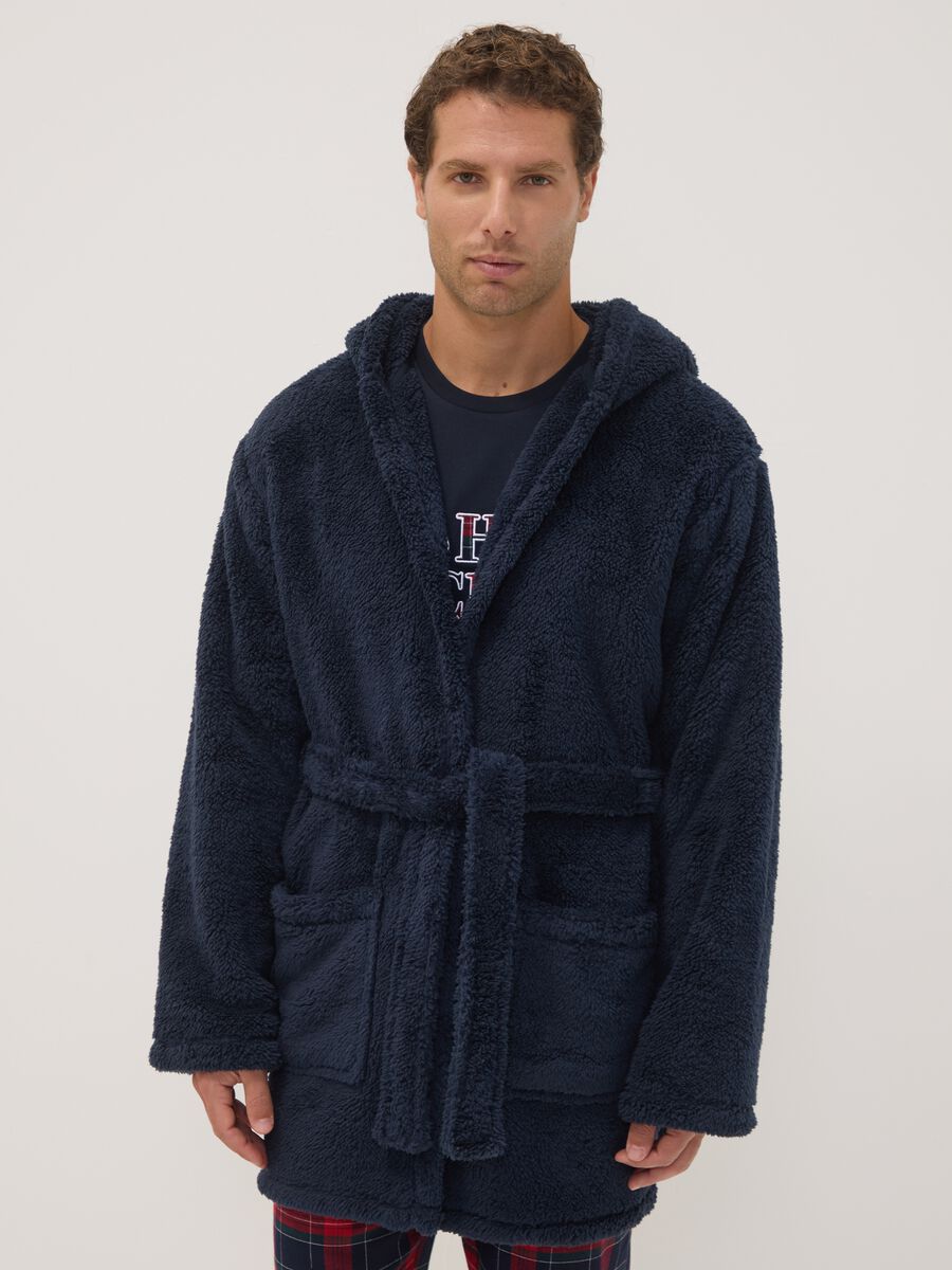 Vestaglia blu navy con cappuccio e cintura_1