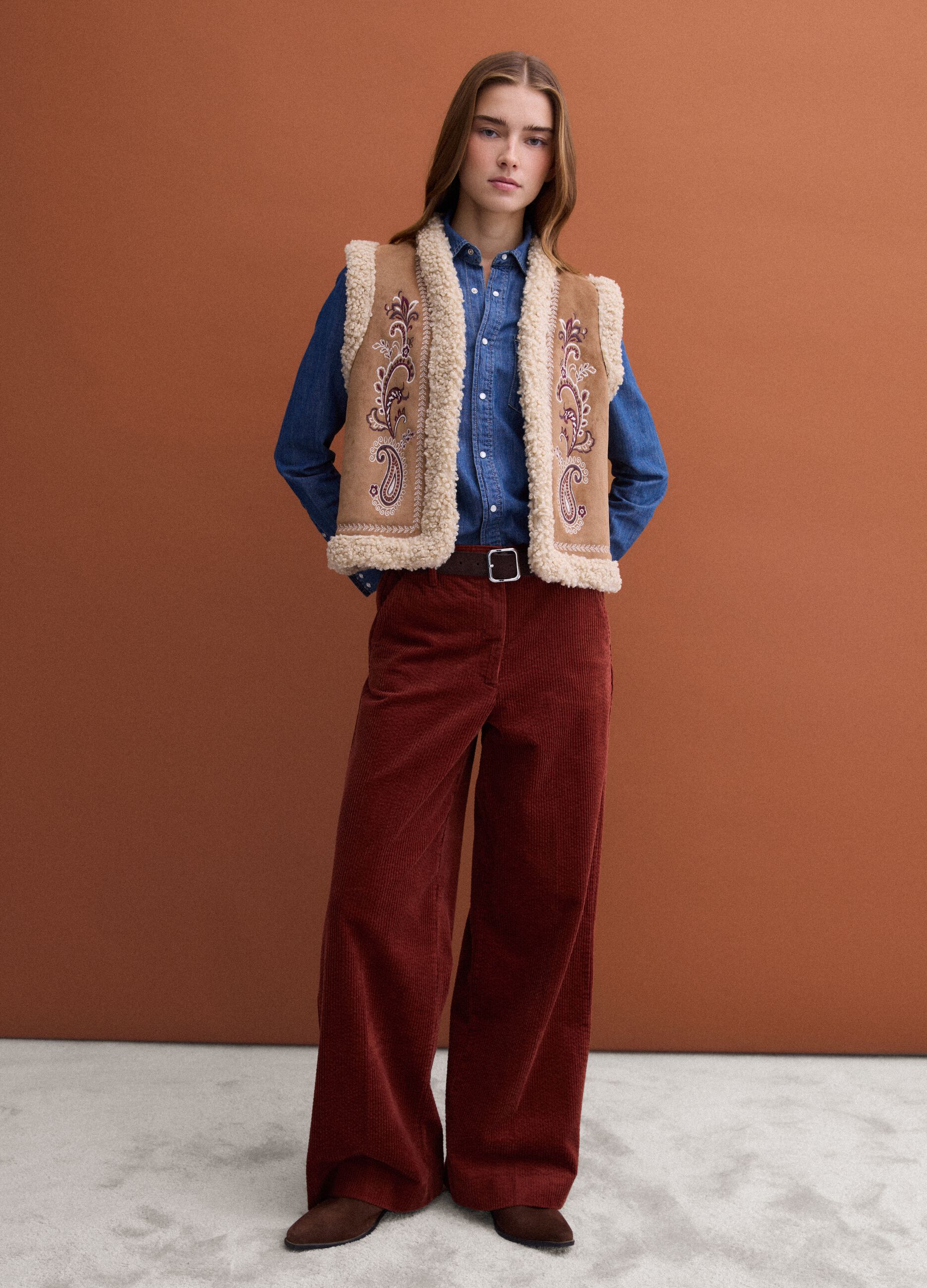 Brown regular-fit gilet with embroidery and contrast shearling-effect trims