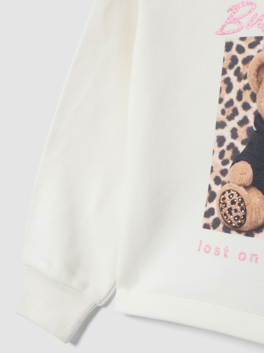 White hooded sweatshirt with teddy bear print in cotton blend_3