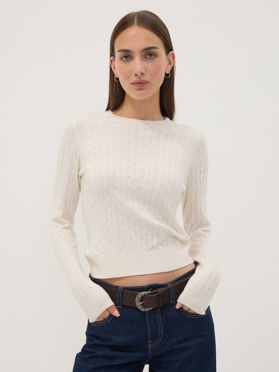 White cable-knit crew-neck jumper, regular fit_0