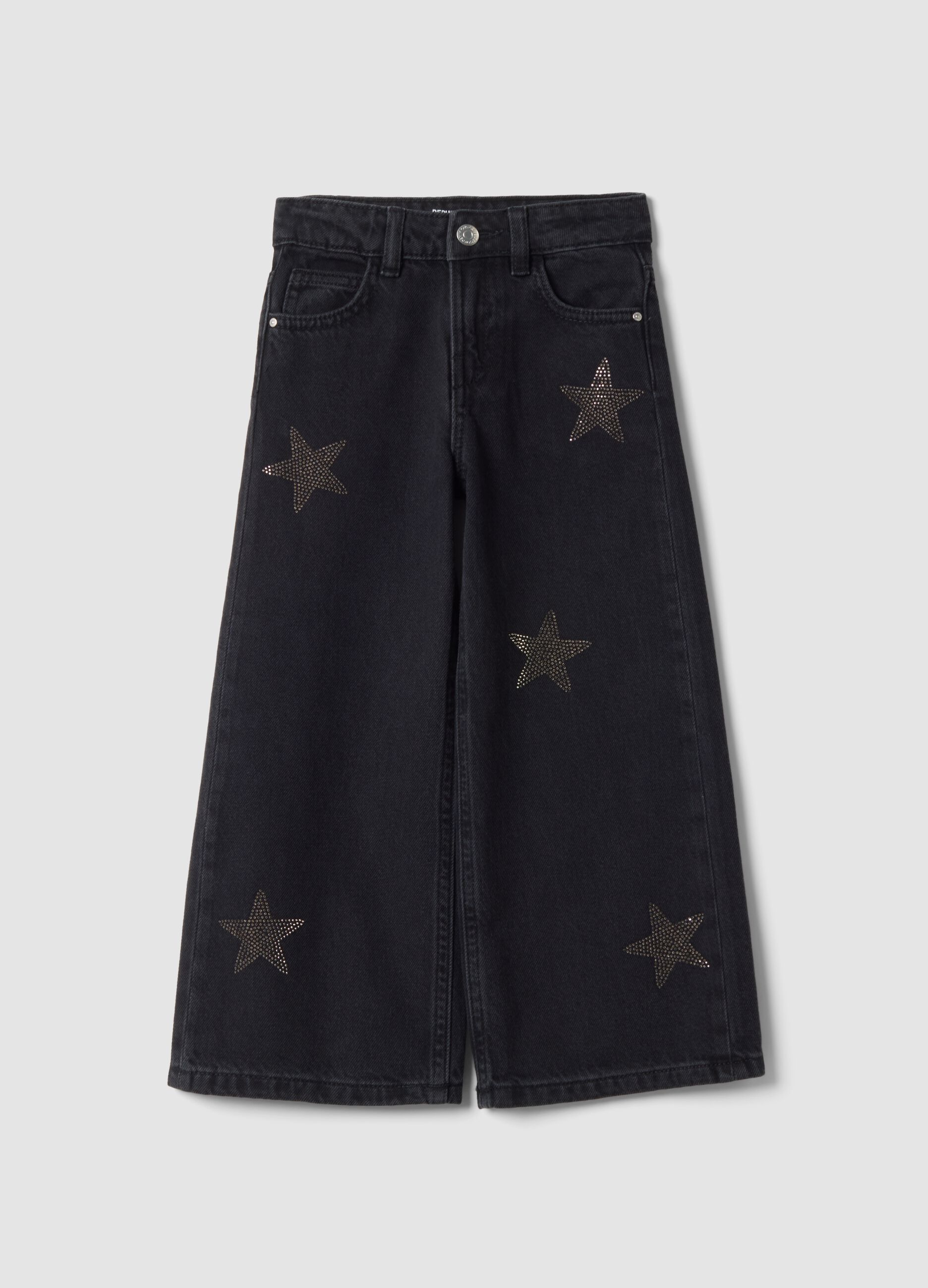 Jeans blu wide leg in puro cotone con stelle