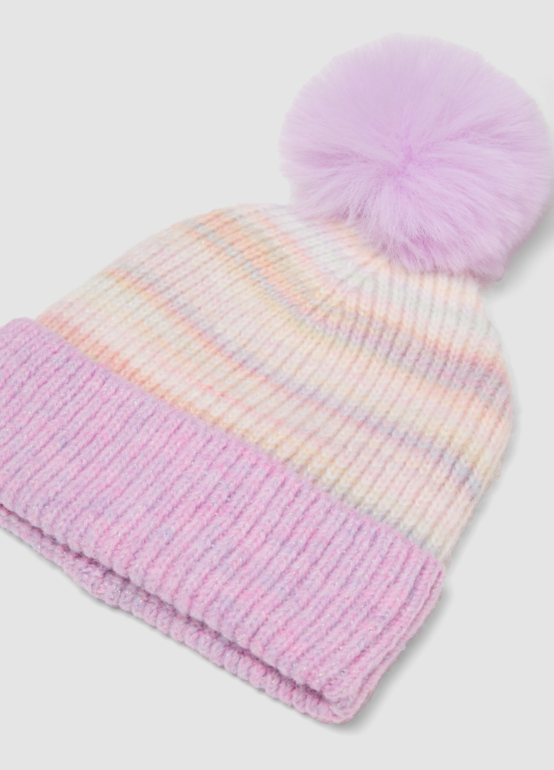 Multicolour patterned hat with pom-pom
