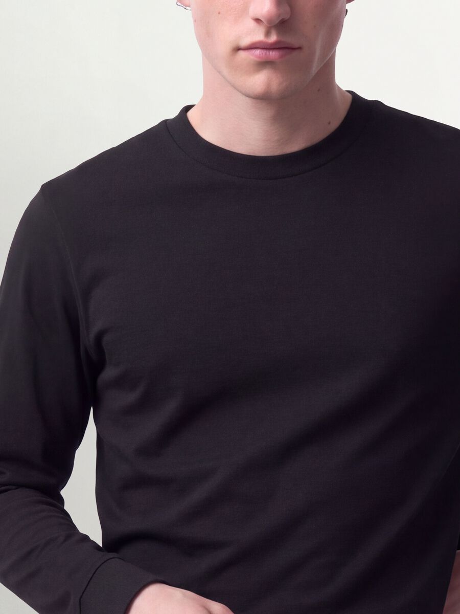 Black pure cotton long-sleeve crew-neck T-shirt, regular fit_2