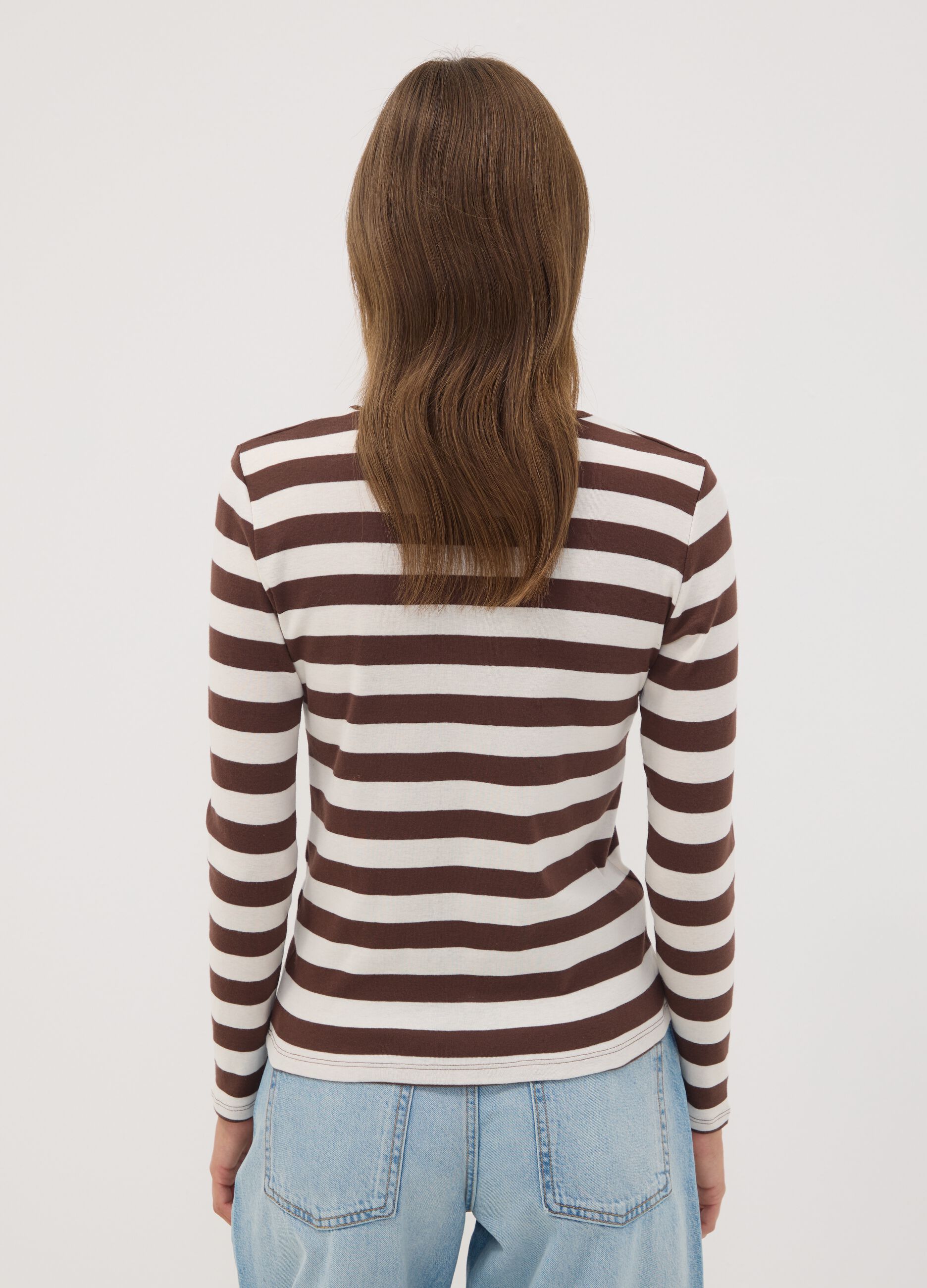 T-shirt bianca a righe in puro cotone con girocollo