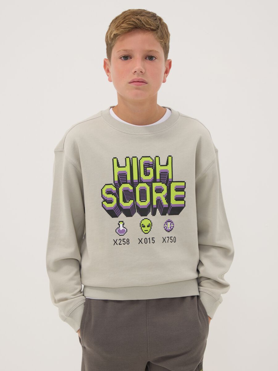Grey 100% cotton gaming-print crew-neck sweatshirt_0