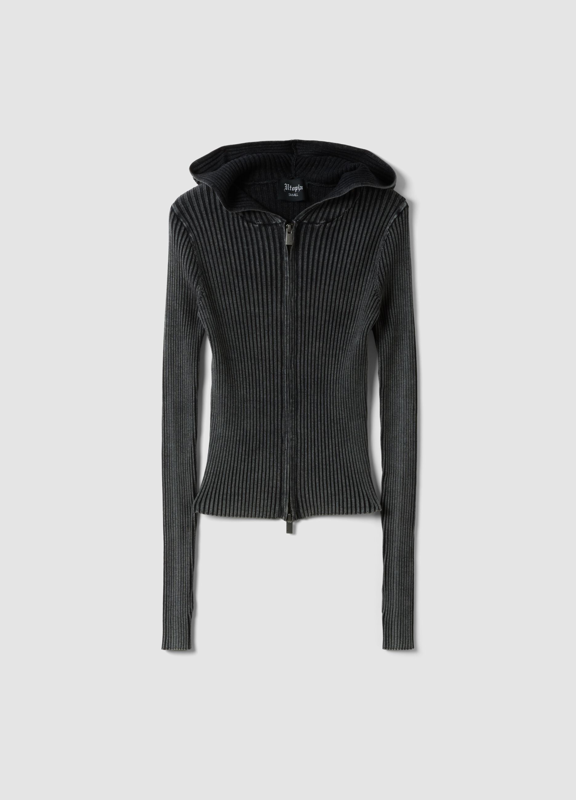 Knit Ribbed Hoodie Vintage Grey