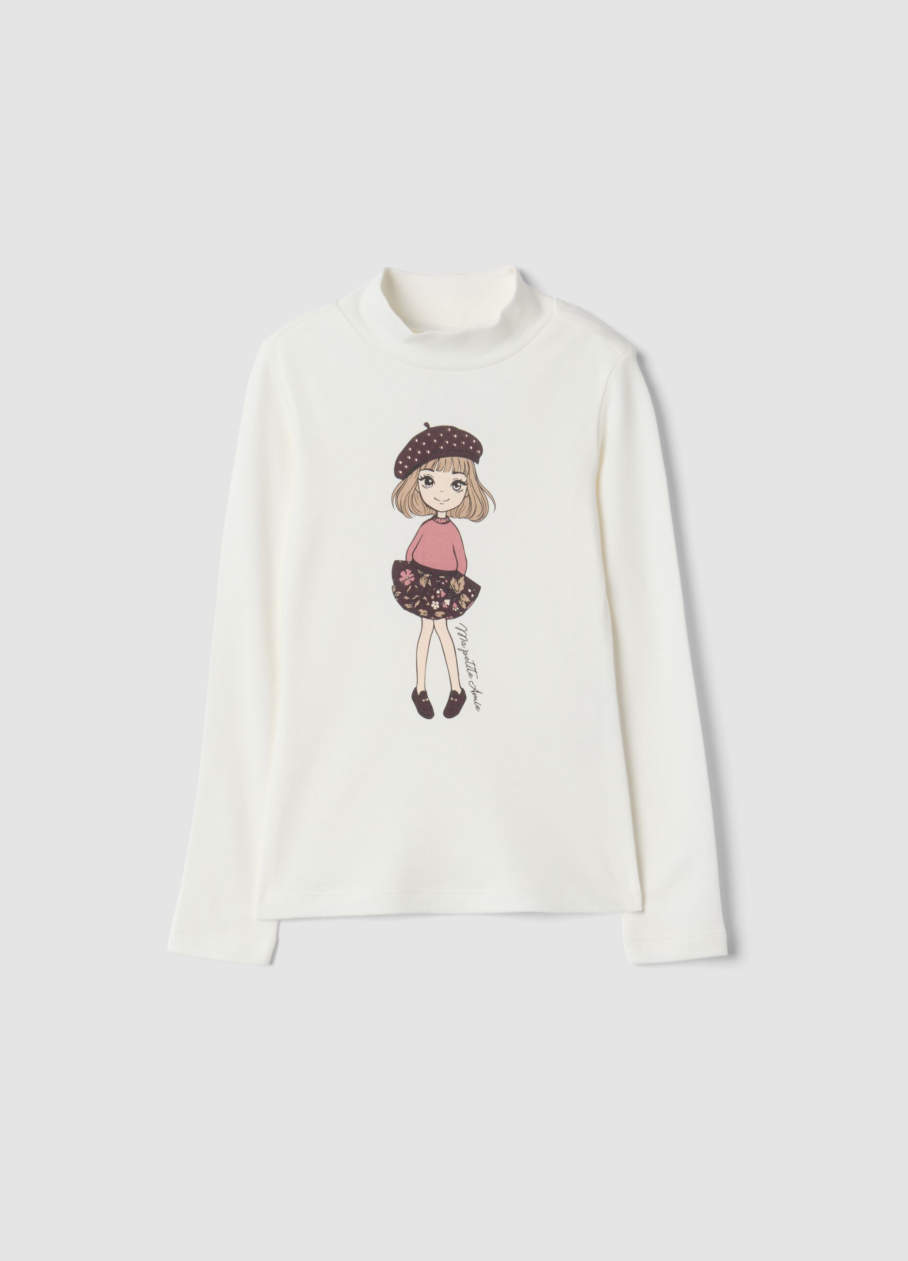 T-shirt bianca con collo rialzato in puro cotone organico con stampa