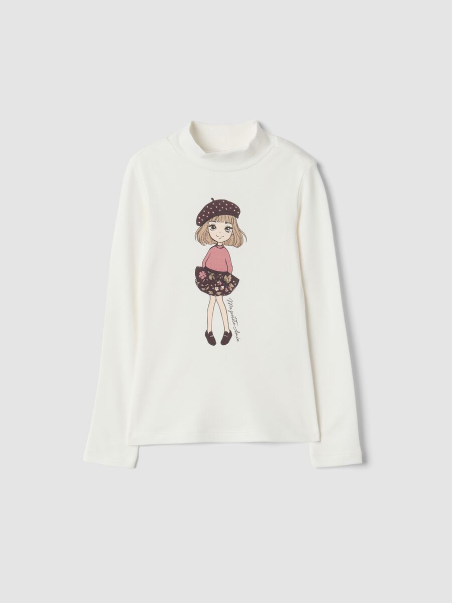 White organic cotton high-neck printed T-shirt_0