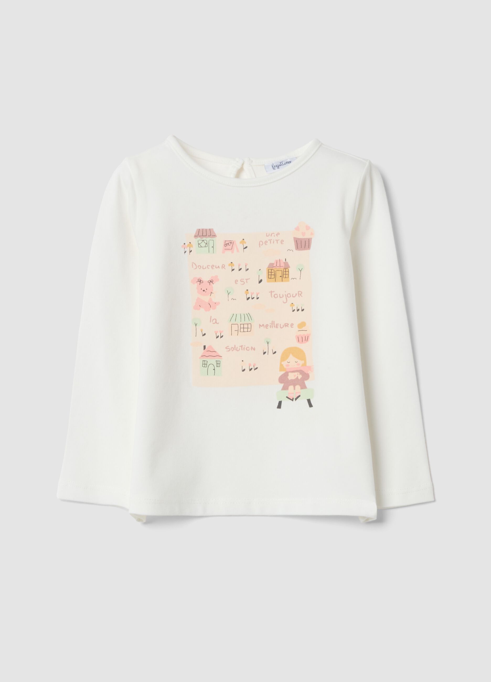 White organic stretch cotton jersey T-shirt with print, regular fit