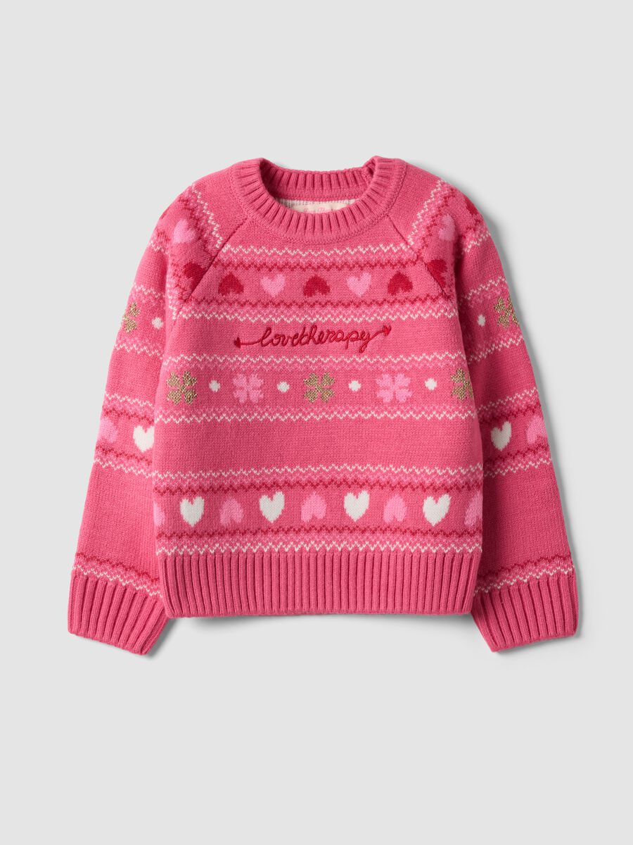 Pink crew-neck jumper with hearts and jacquard pattern, regular fit_0