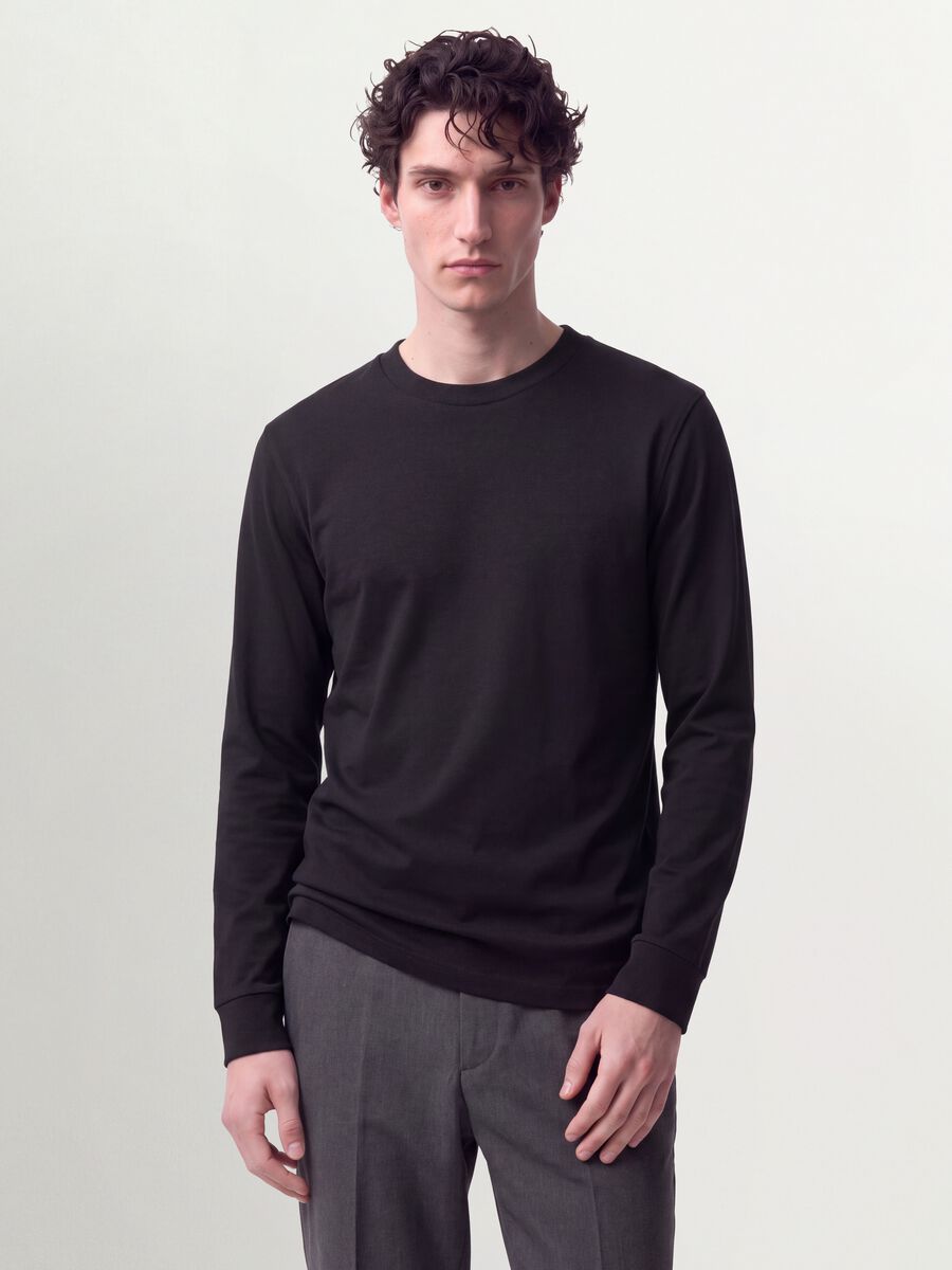 Black pure cotton long-sleeve crew-neck T-shirt, regular fit_0