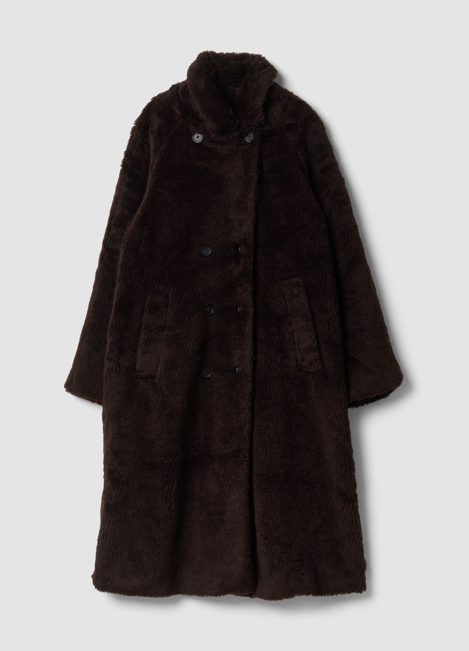 Brown wool-blend teddy coat with oversized fit