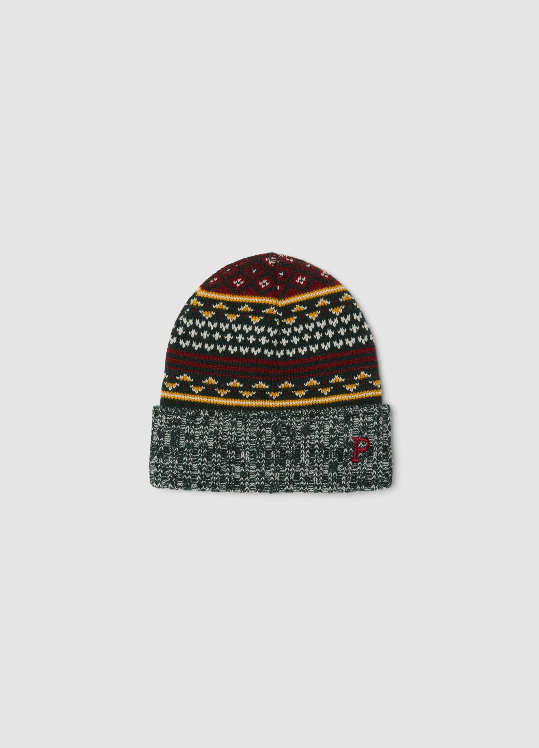 Multicolour beanie with jacquard pattern and embroidery