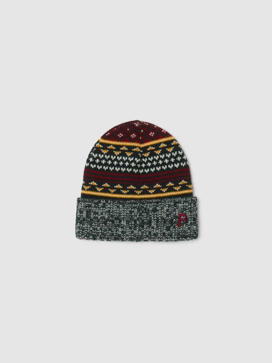 Multicolour beanie with jacquard pattern and embroidery_0