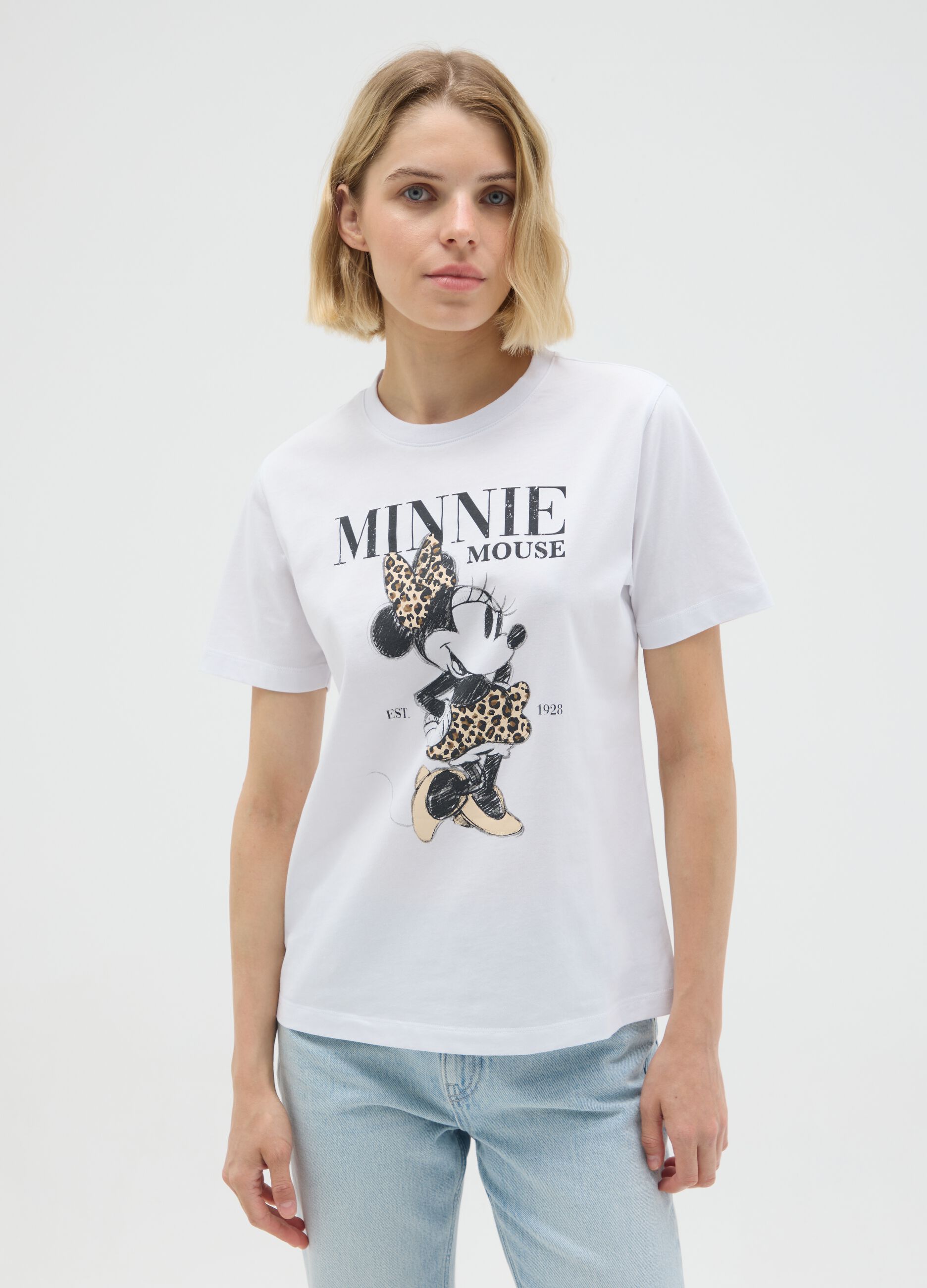 White pure cotton regular fit T-shirt with Minnie print