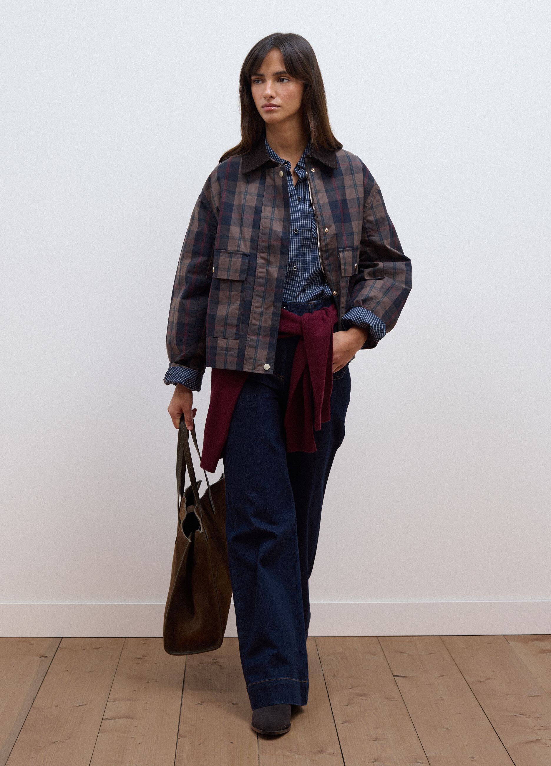 Brown checked padded pure cotton jacket