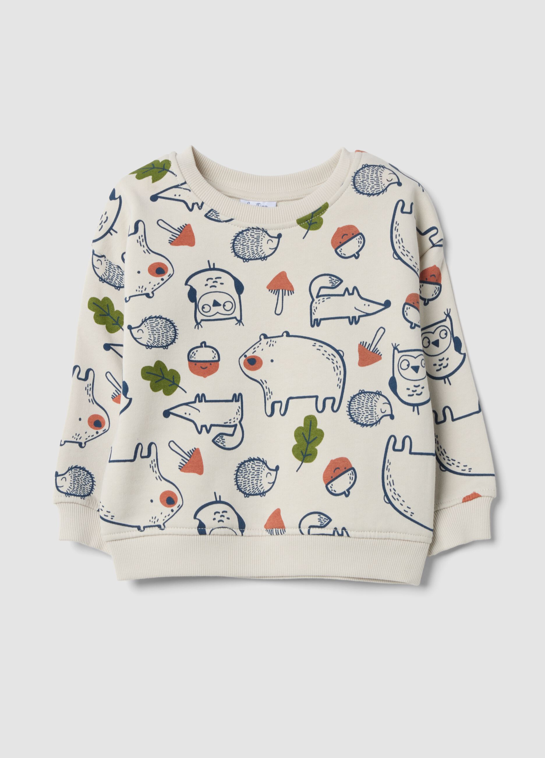 Felpa beige in puro cotone con girocollo e stampa animali over fit