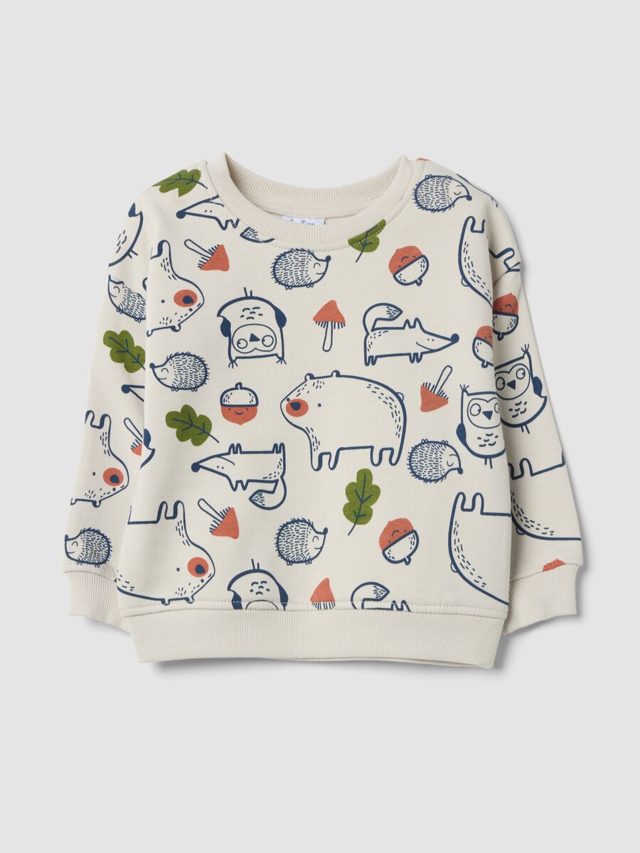 Felpa beige in puro cotone con girocollo e stampa animali over fit_0