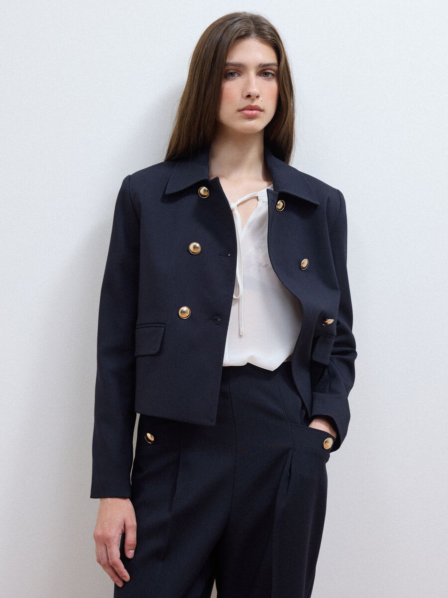 Blue double-breasted stretch viscose blazer with gold-tone buttons_1