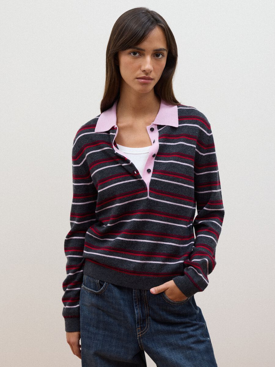 Multicolour pure wool fitted polo-collar jumper_0