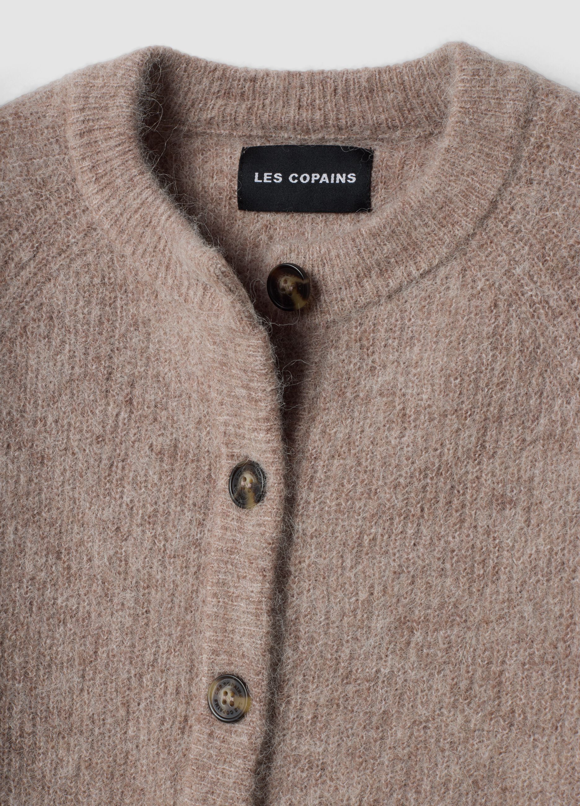 Cardigan beige in alpaca e lana elasticizzata girocollo