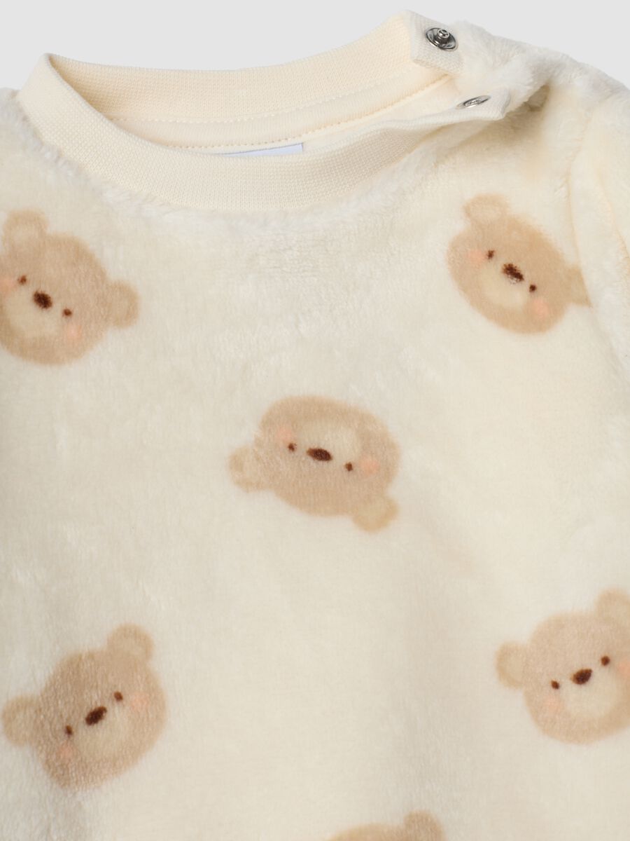 Ivory white crew-neck pyjama set with teddy bear print_2