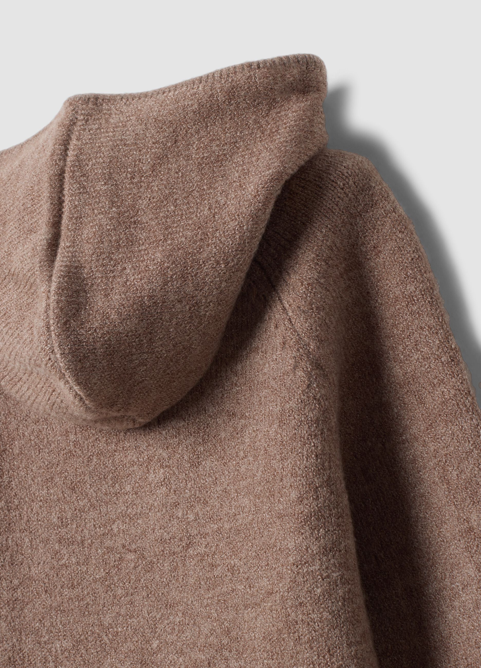 Brown knitted cardigan with crew neck and hood