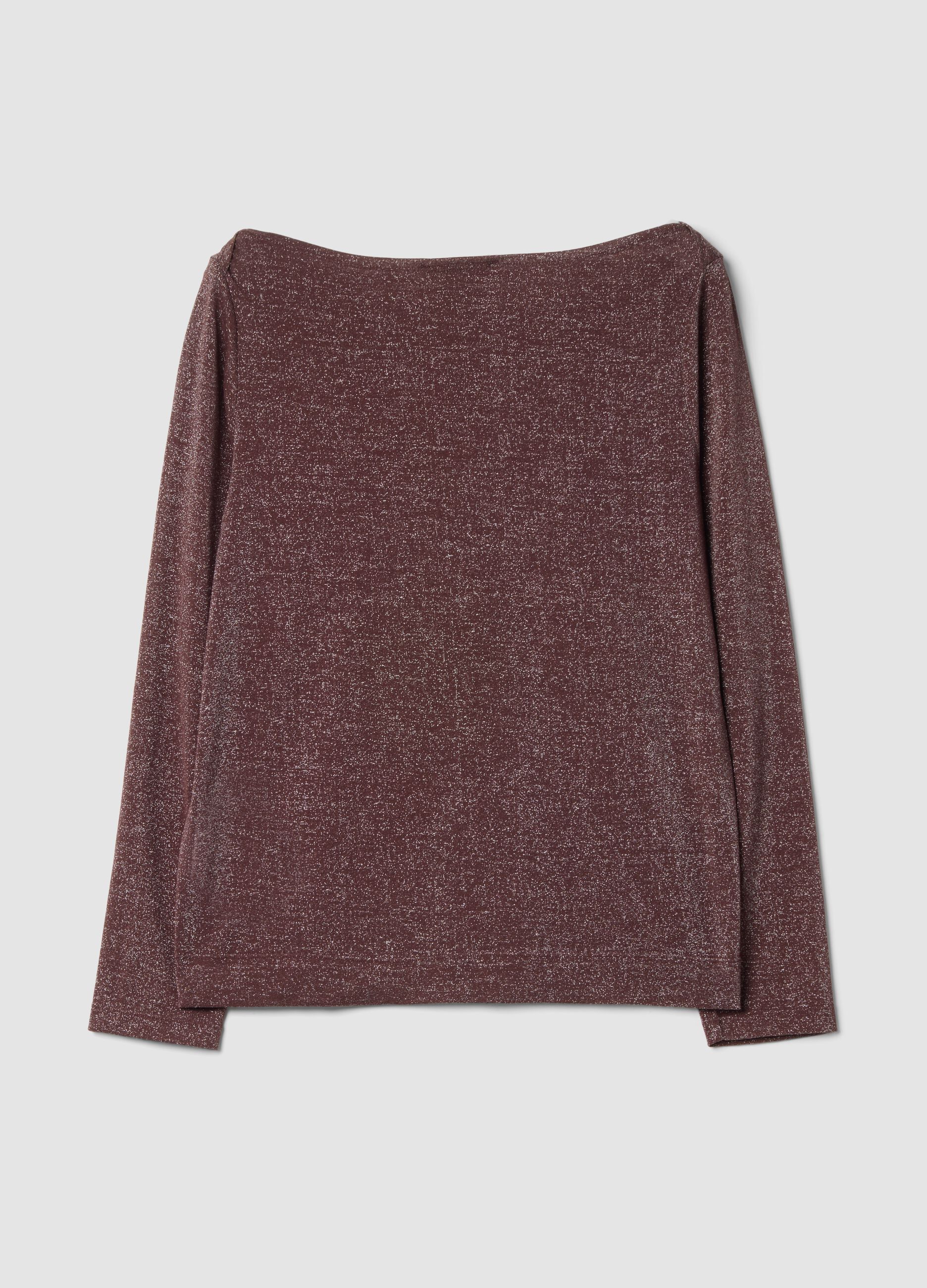 Brown boat-neck T-shirt with lurex threads