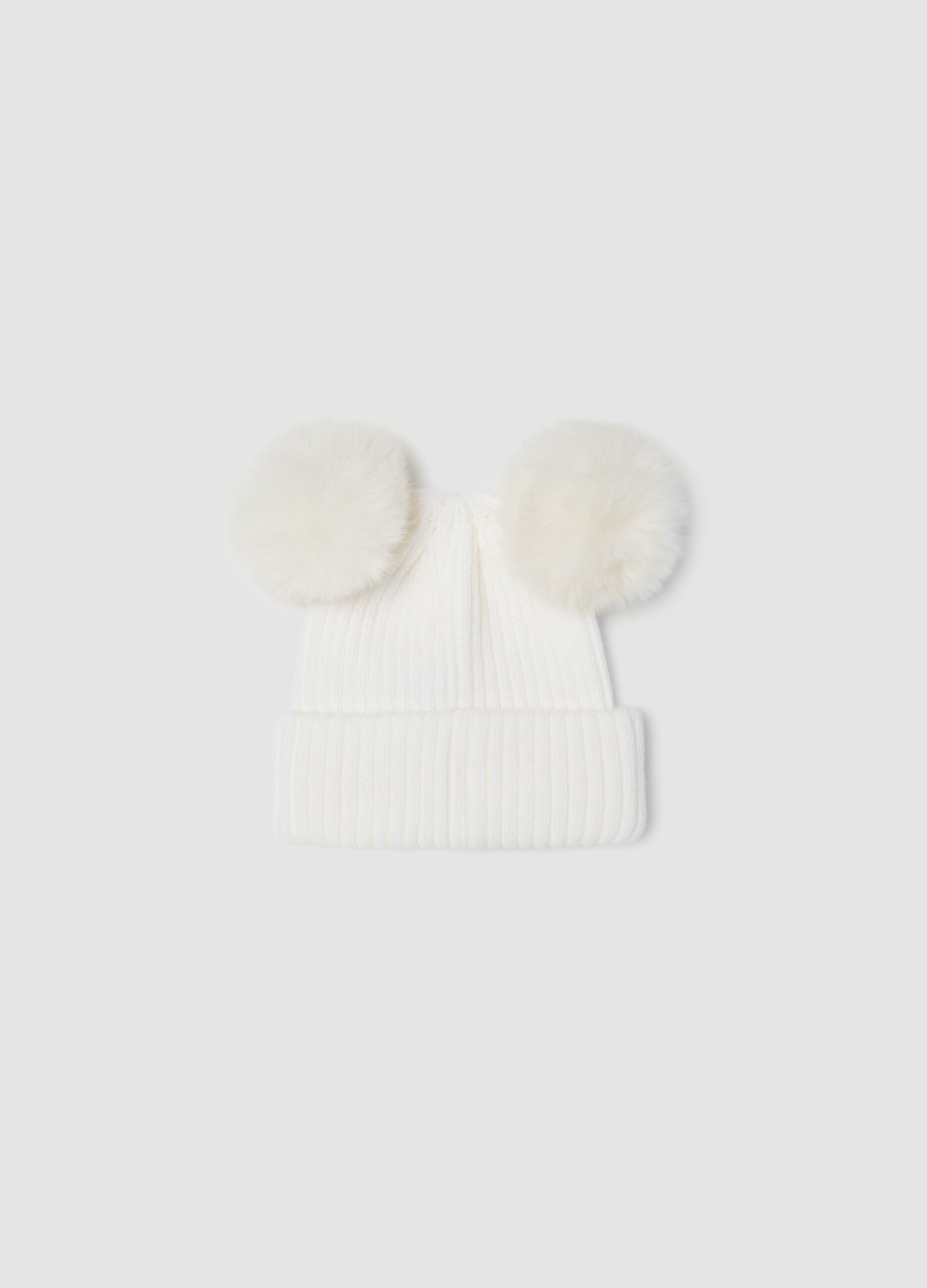 White rib-knit hat with bow and pom-poms