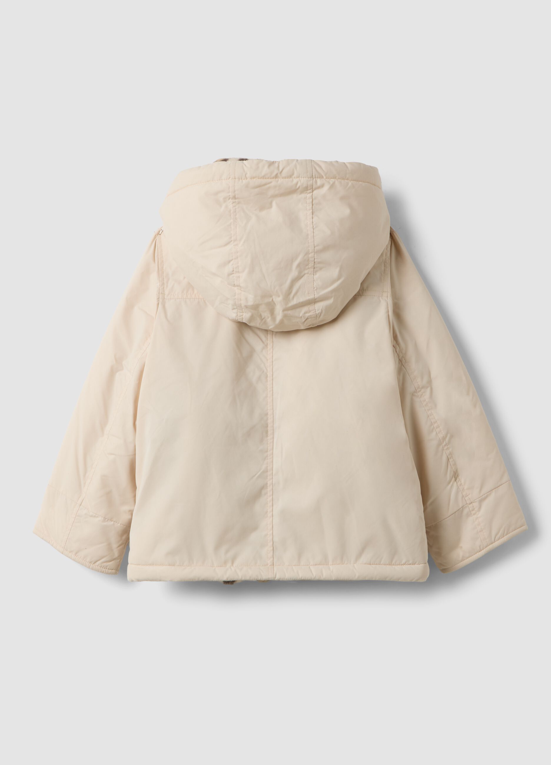 Pink padded hooded jacket with animal-print lining