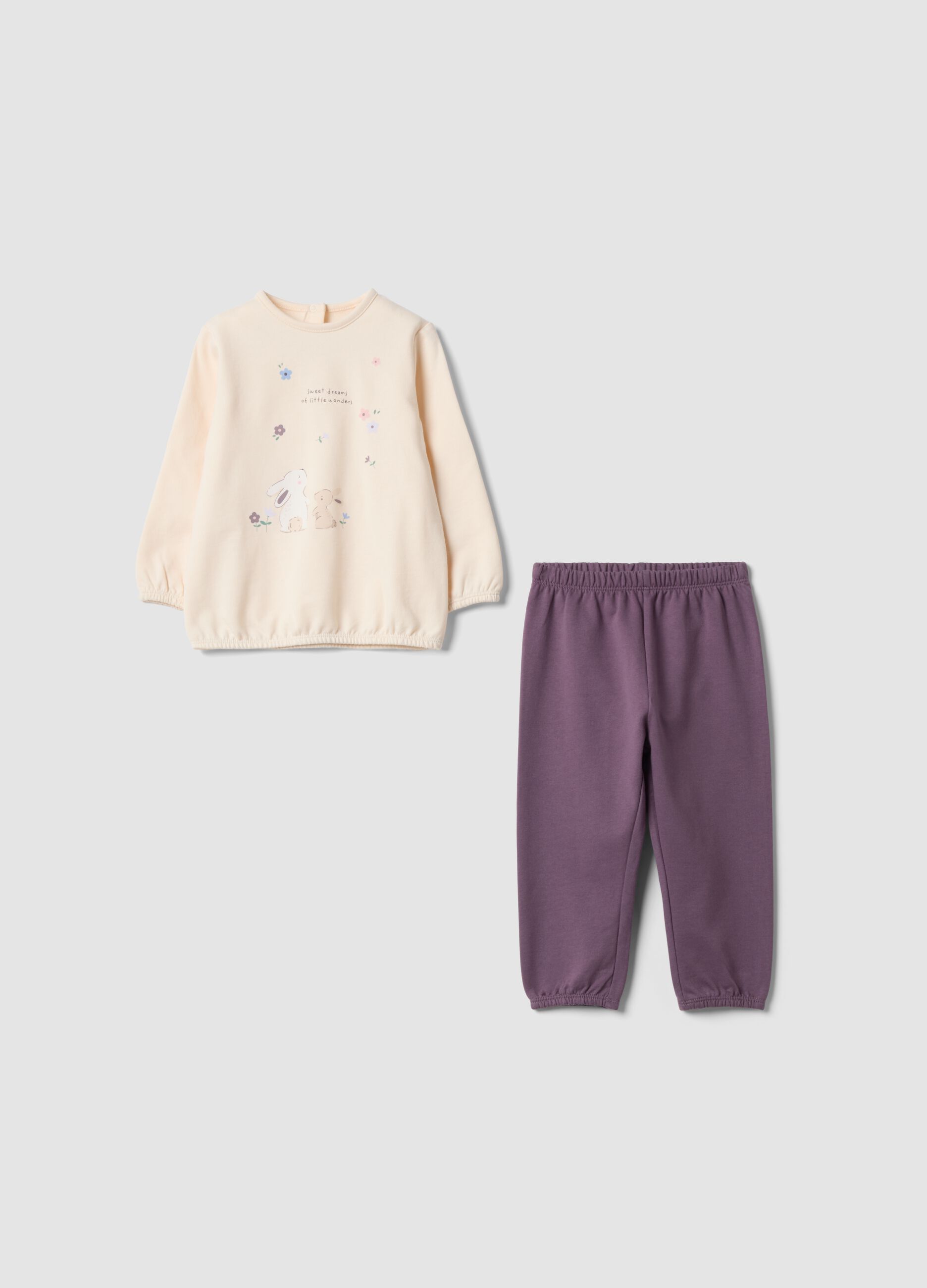 Pigiama beige e viola in puro cotone organico con stampa coniglietti