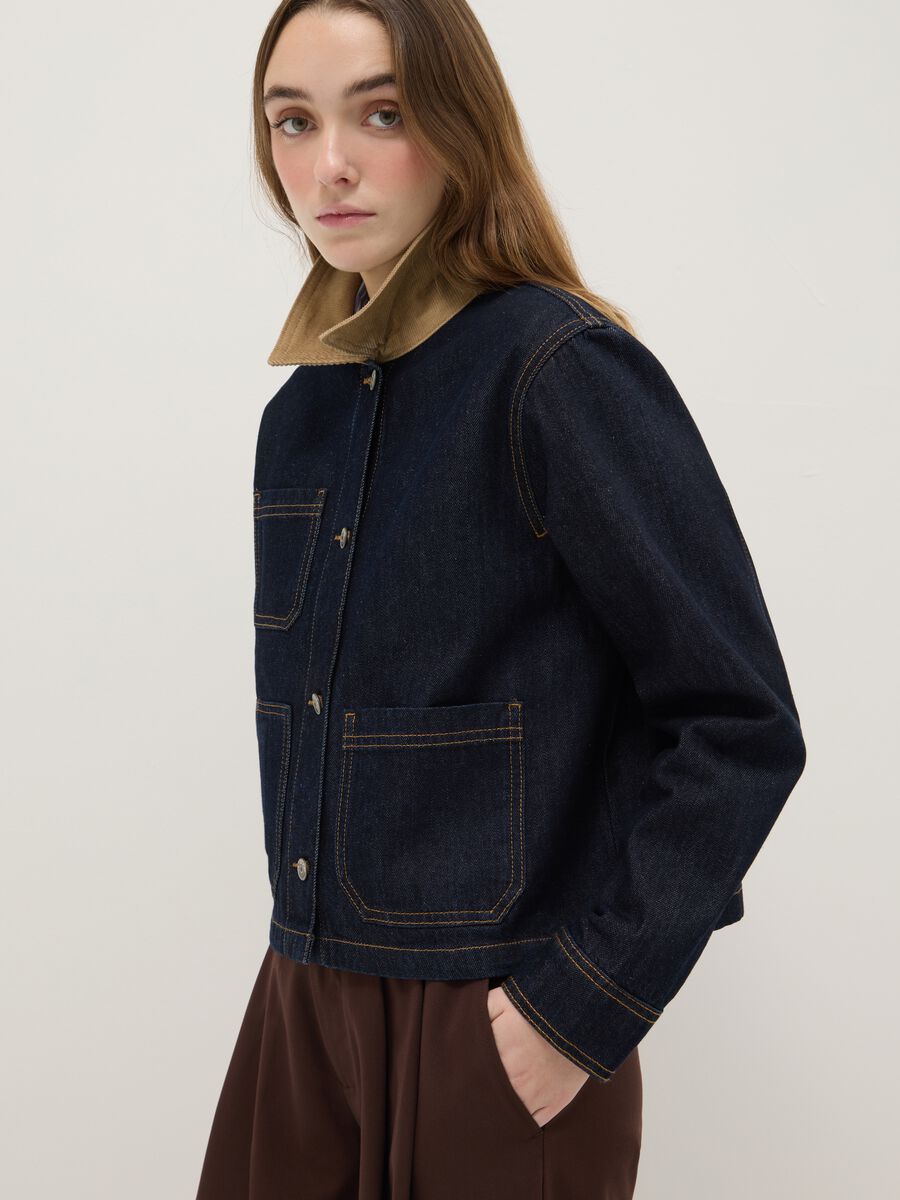Pure cotton blue regular fit jacket with contrasting collar and pockets_4