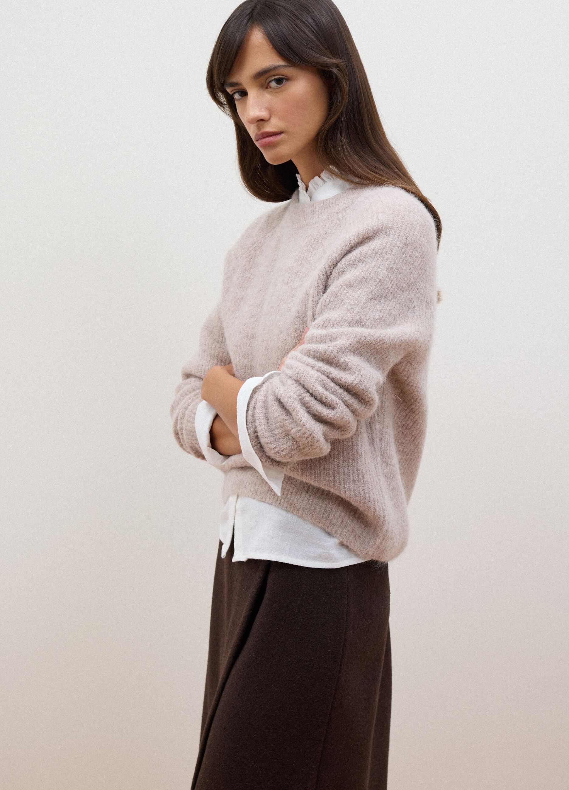Beige alpaca and wool blend crew-neck jumper