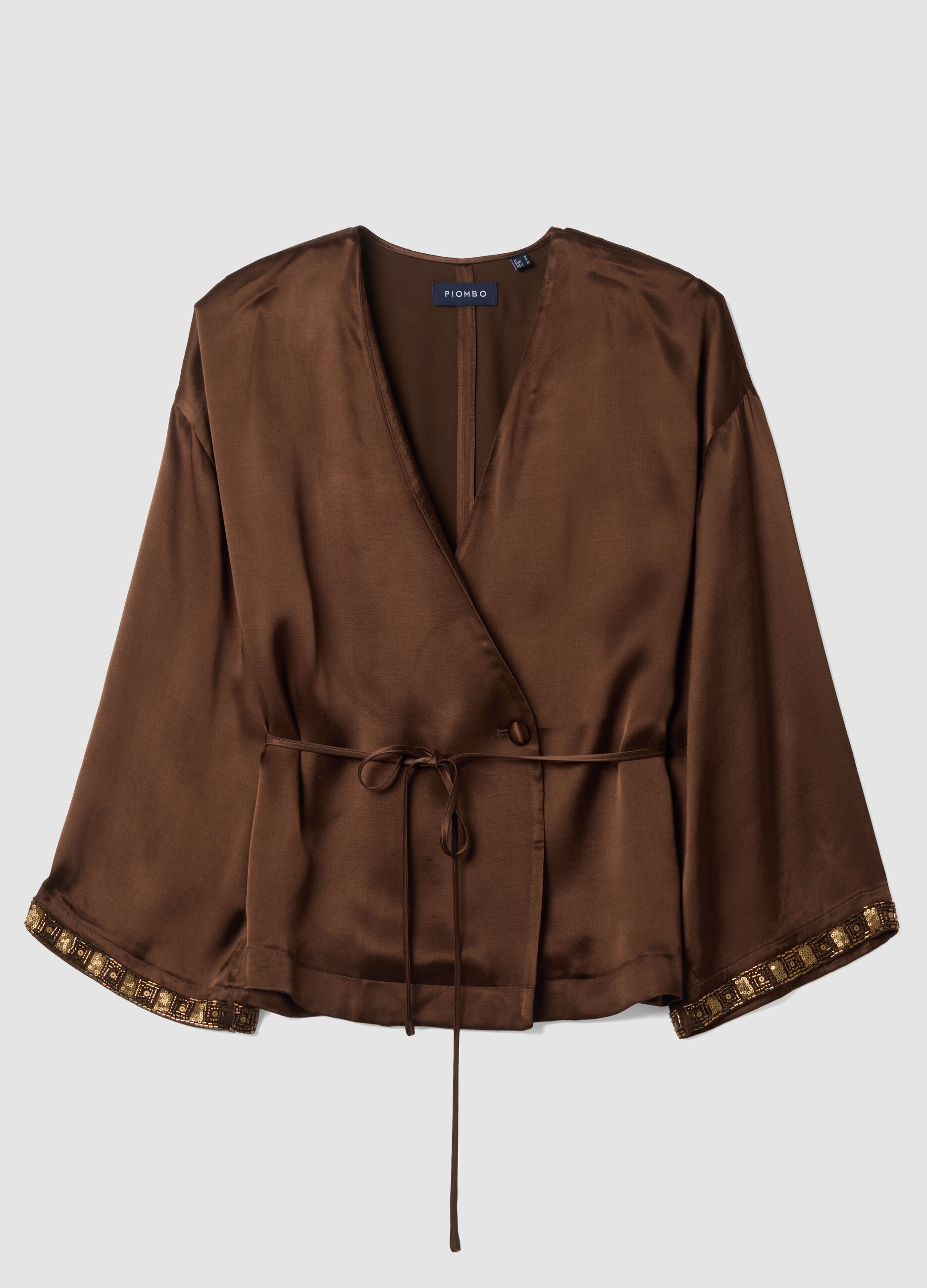 Brown pure-viscose kimono blazer with belt