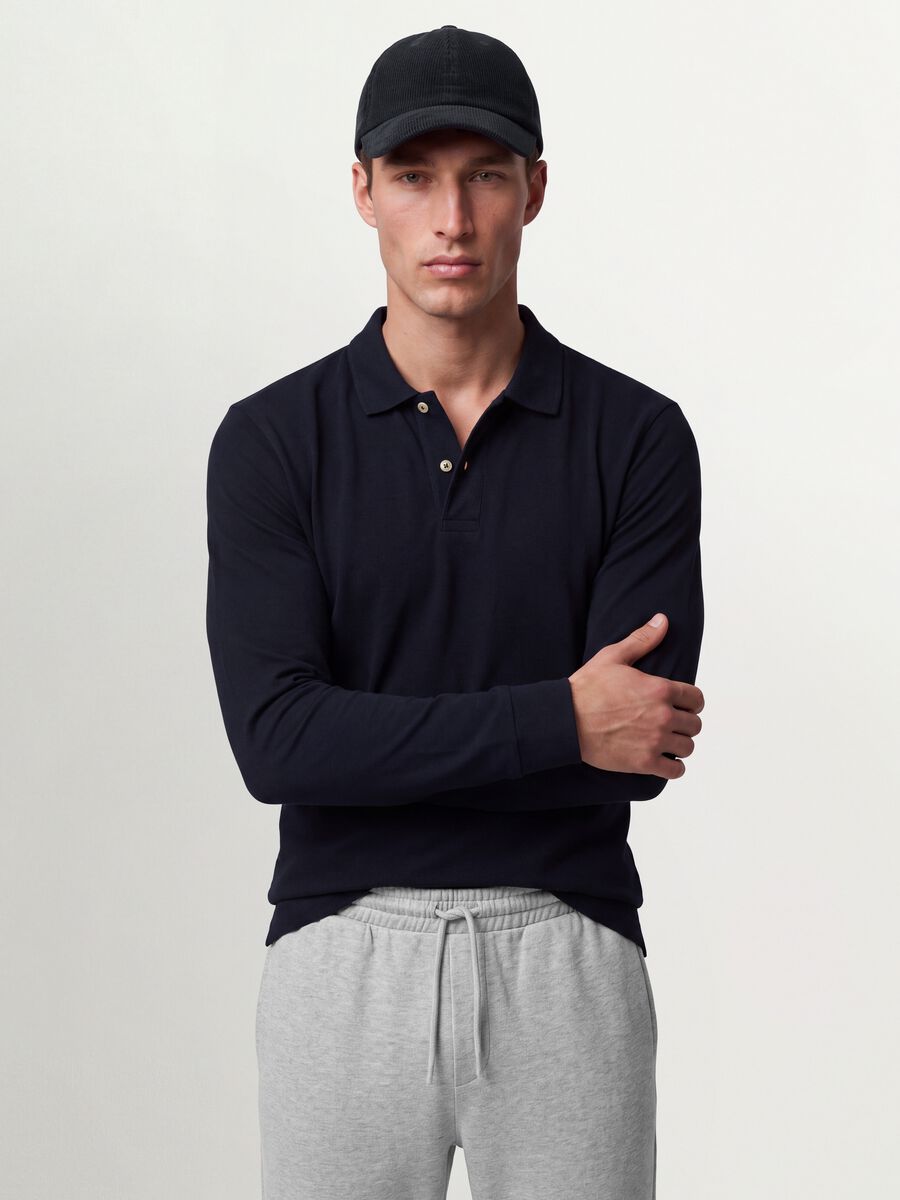 Blue long-sleeved regular-fit polo shirt in pure organic cotton piqu&eacute;_0