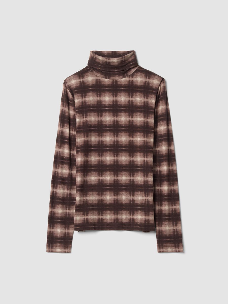 Brown stretch viscose crew-neck checked T-shirt_4