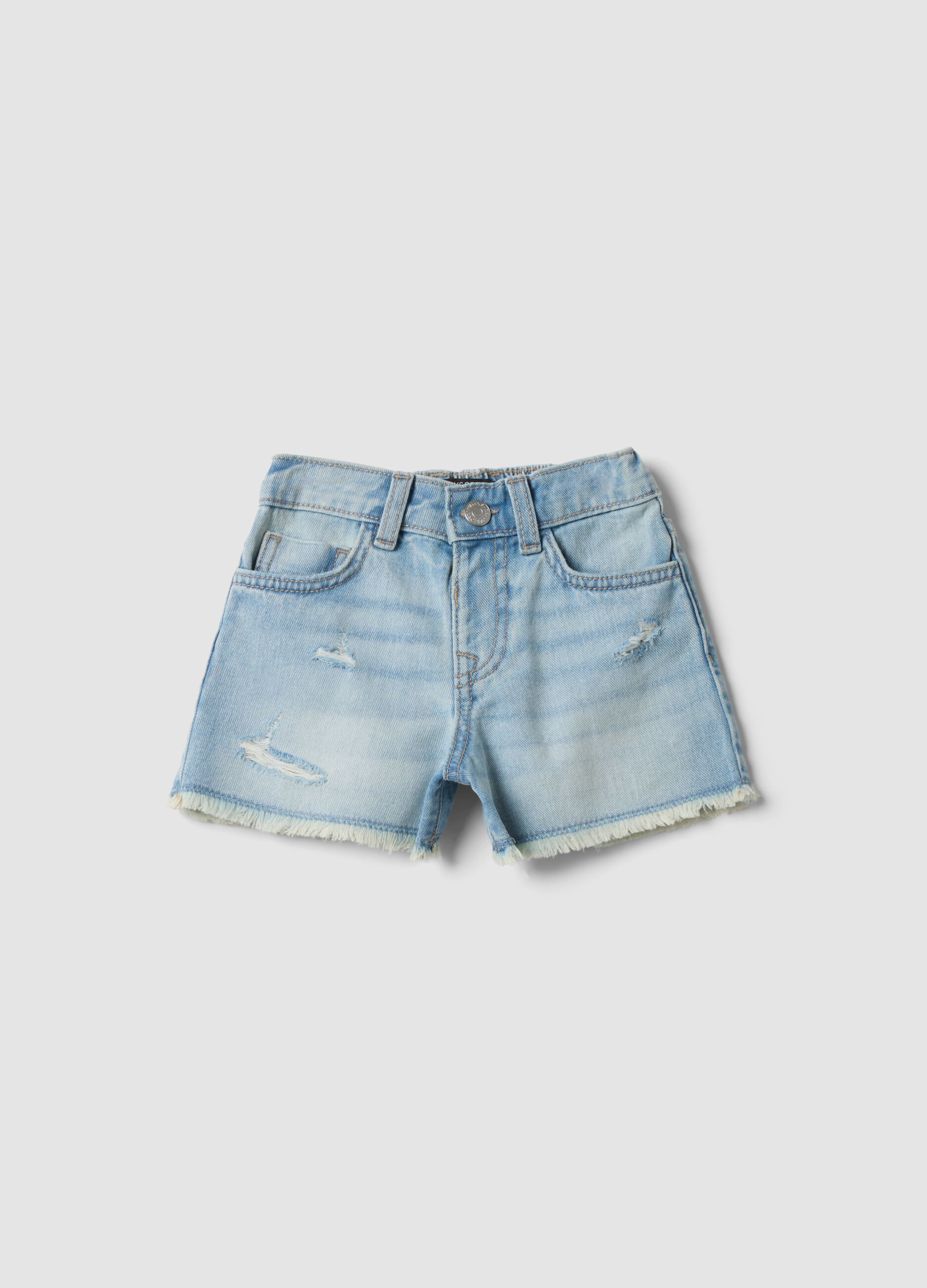 Blue pure cotton denim shorts for girls, regular fit with distressed details
