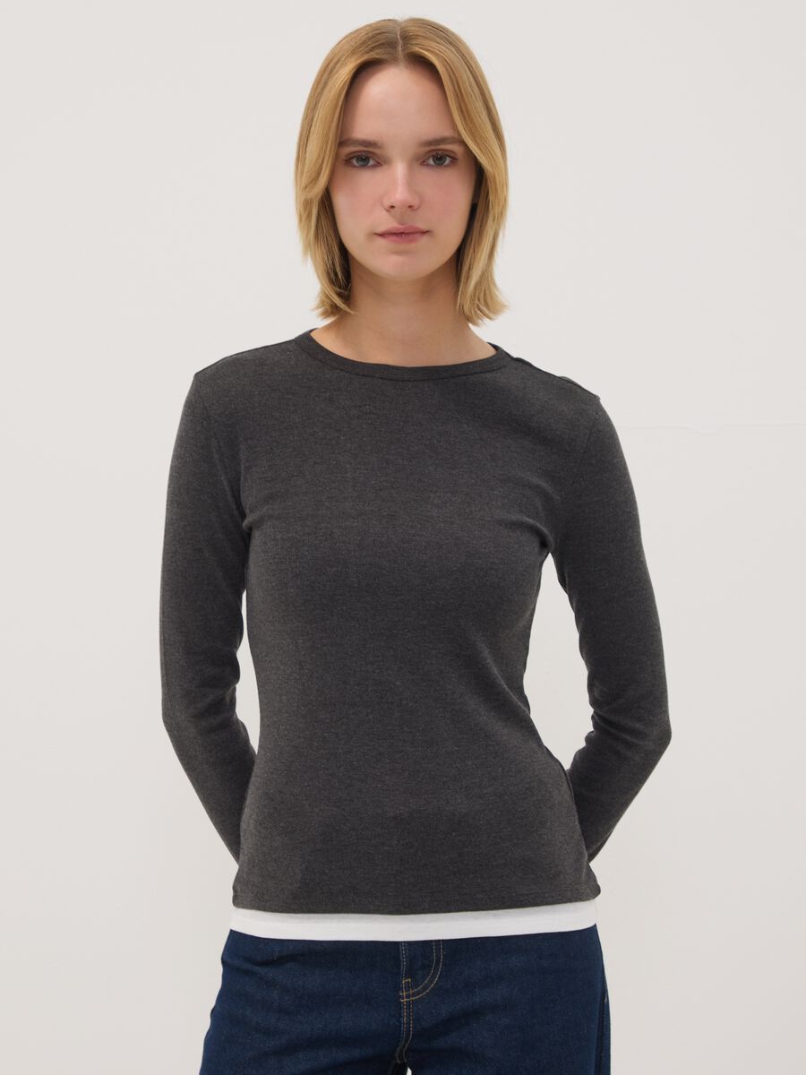 Grey cotton-blend crew-neck T-shirt_0