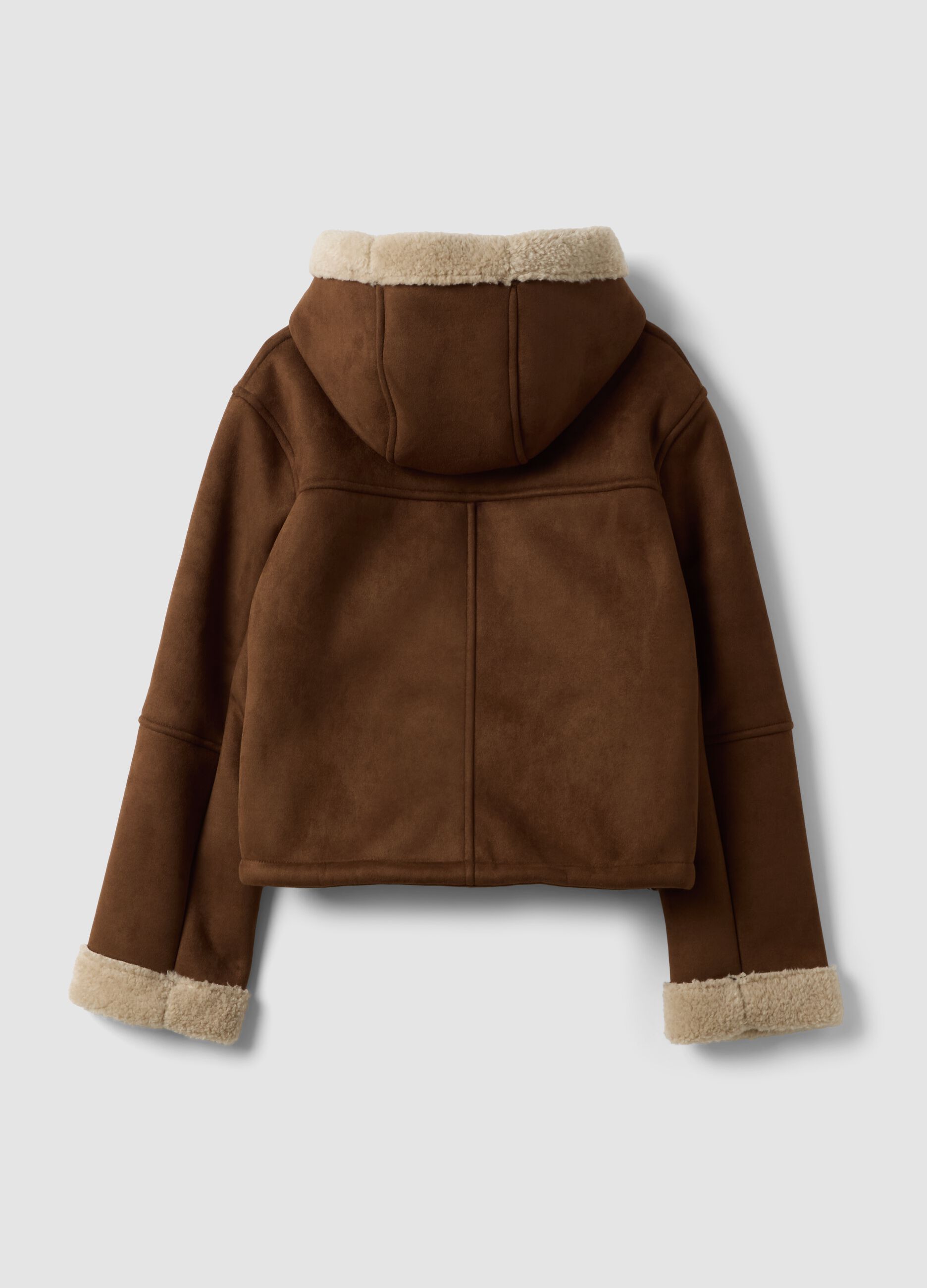 Brown stretch-fabric shacket with hood