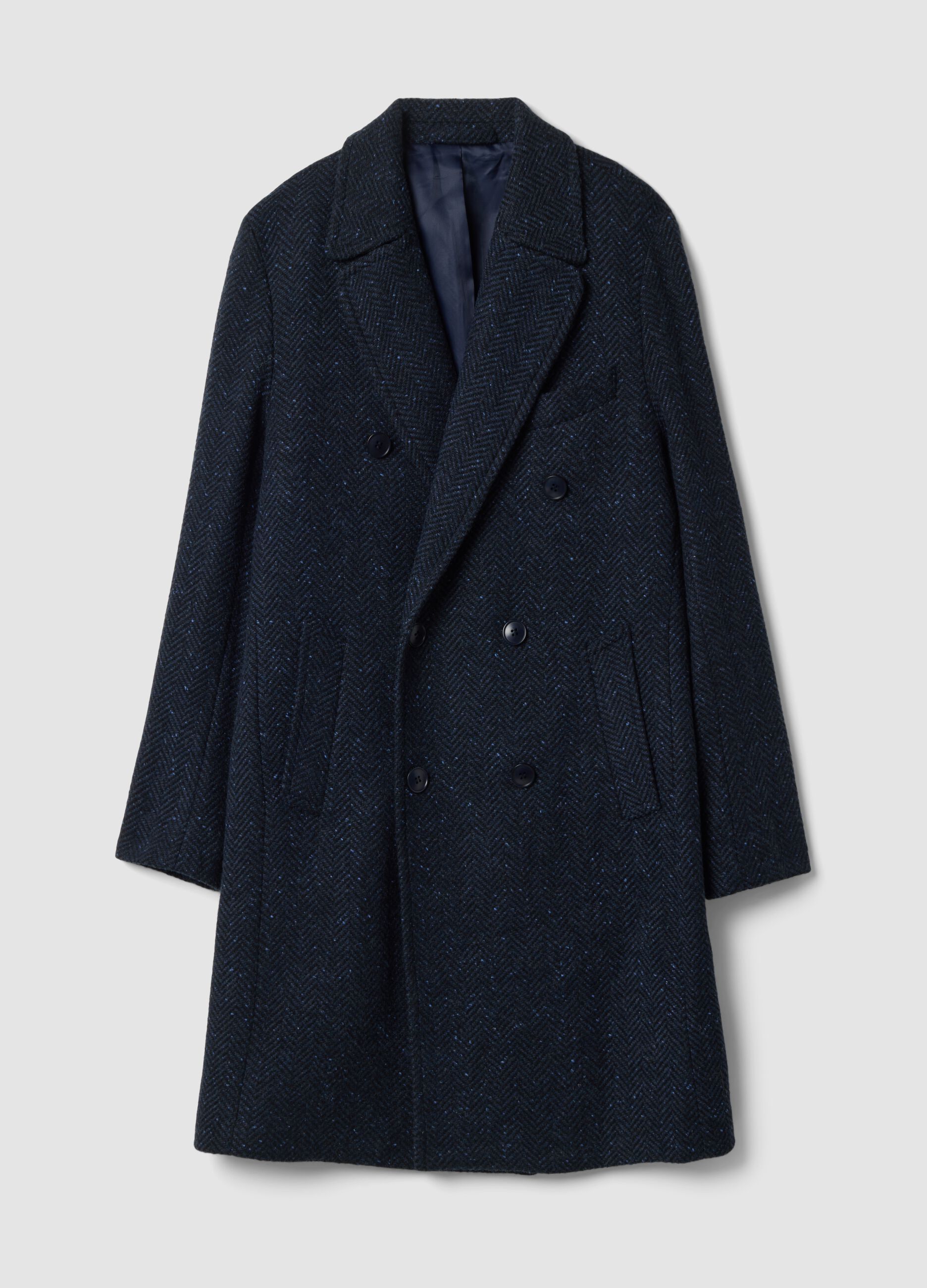 Indigo blue wool and viscose-blend coat