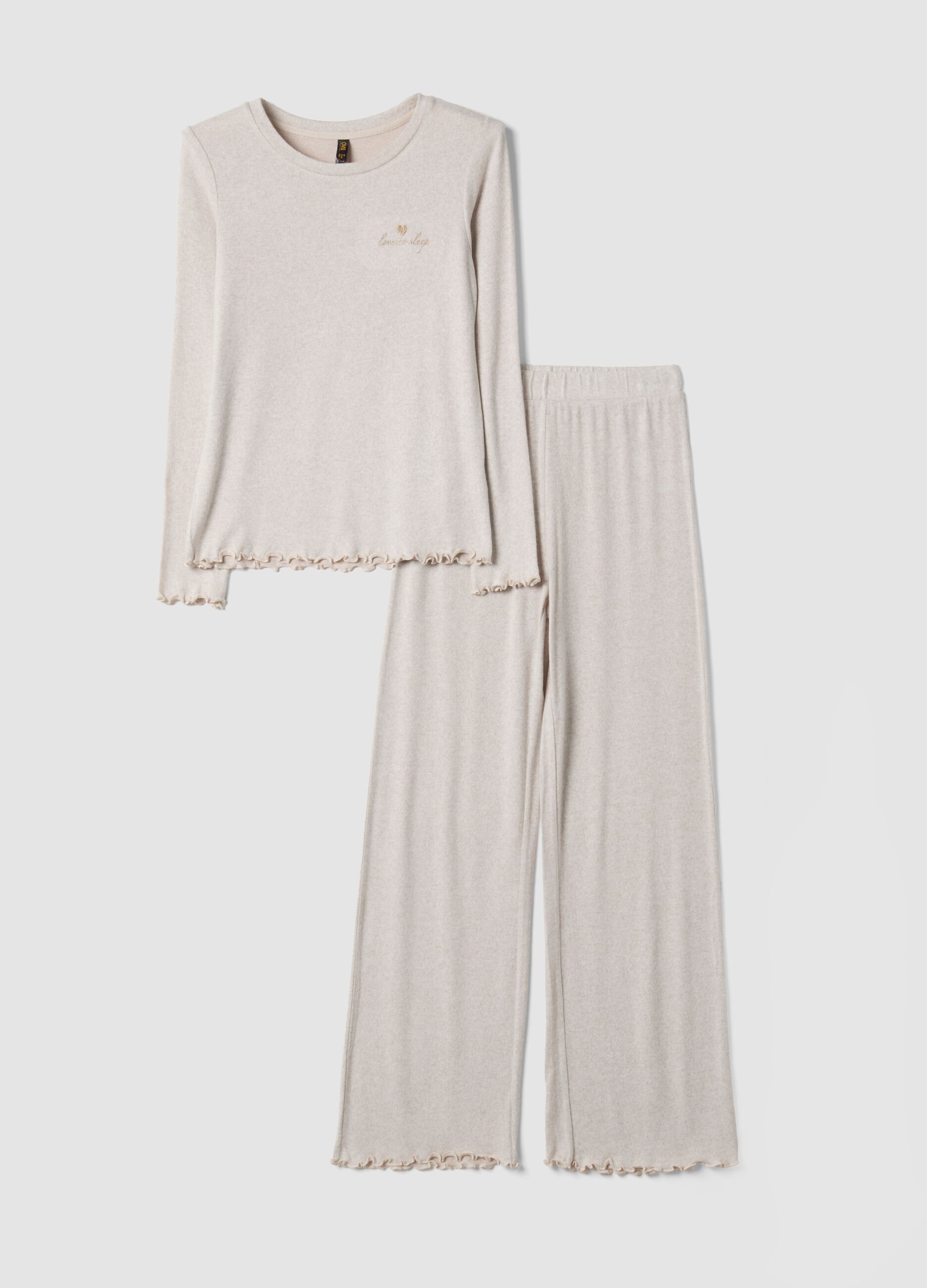 Beige stretch viscose pyjamas with crew neck