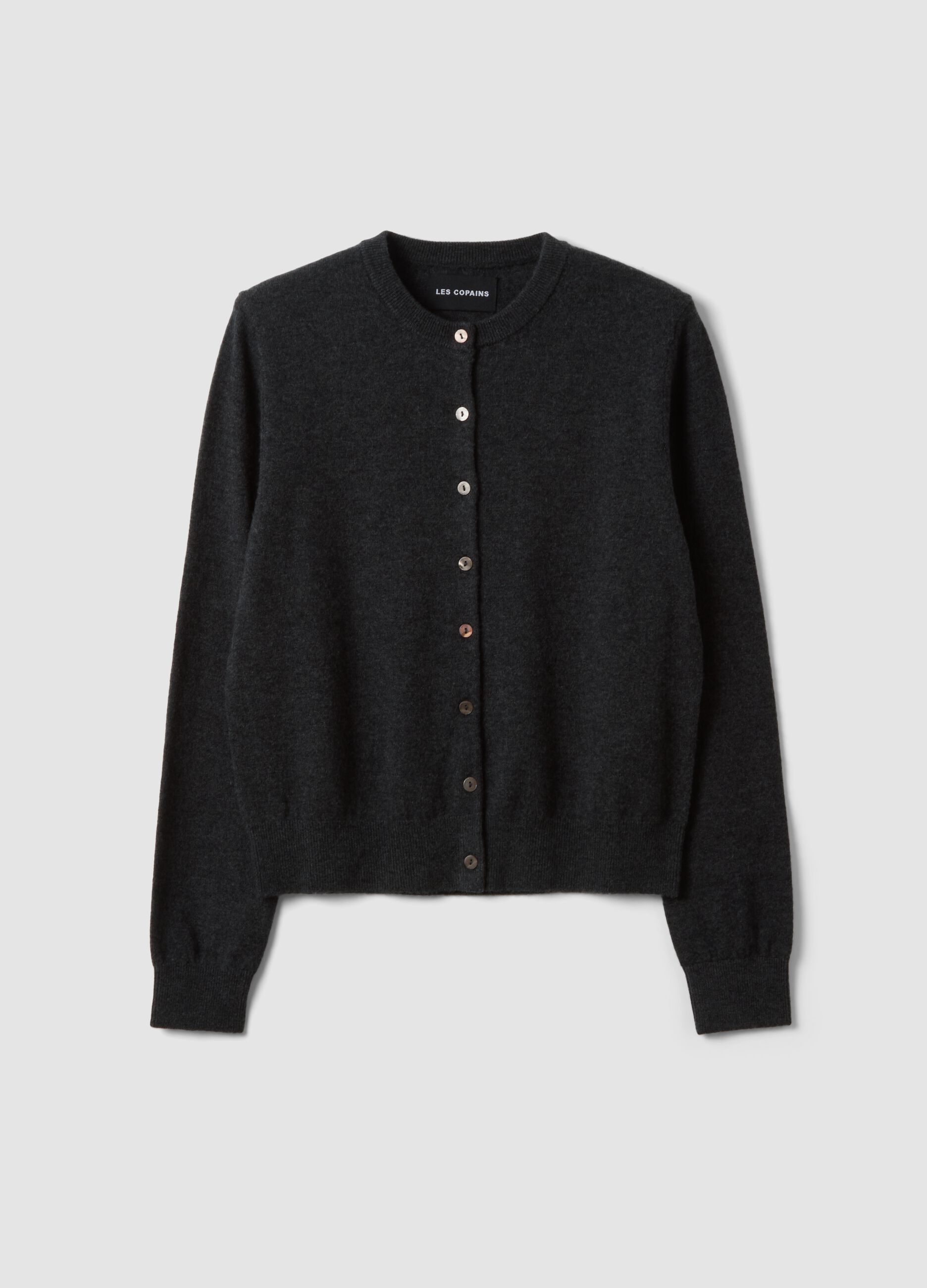 Grey pure wool crew-neck cardigan with buttons, regular fit