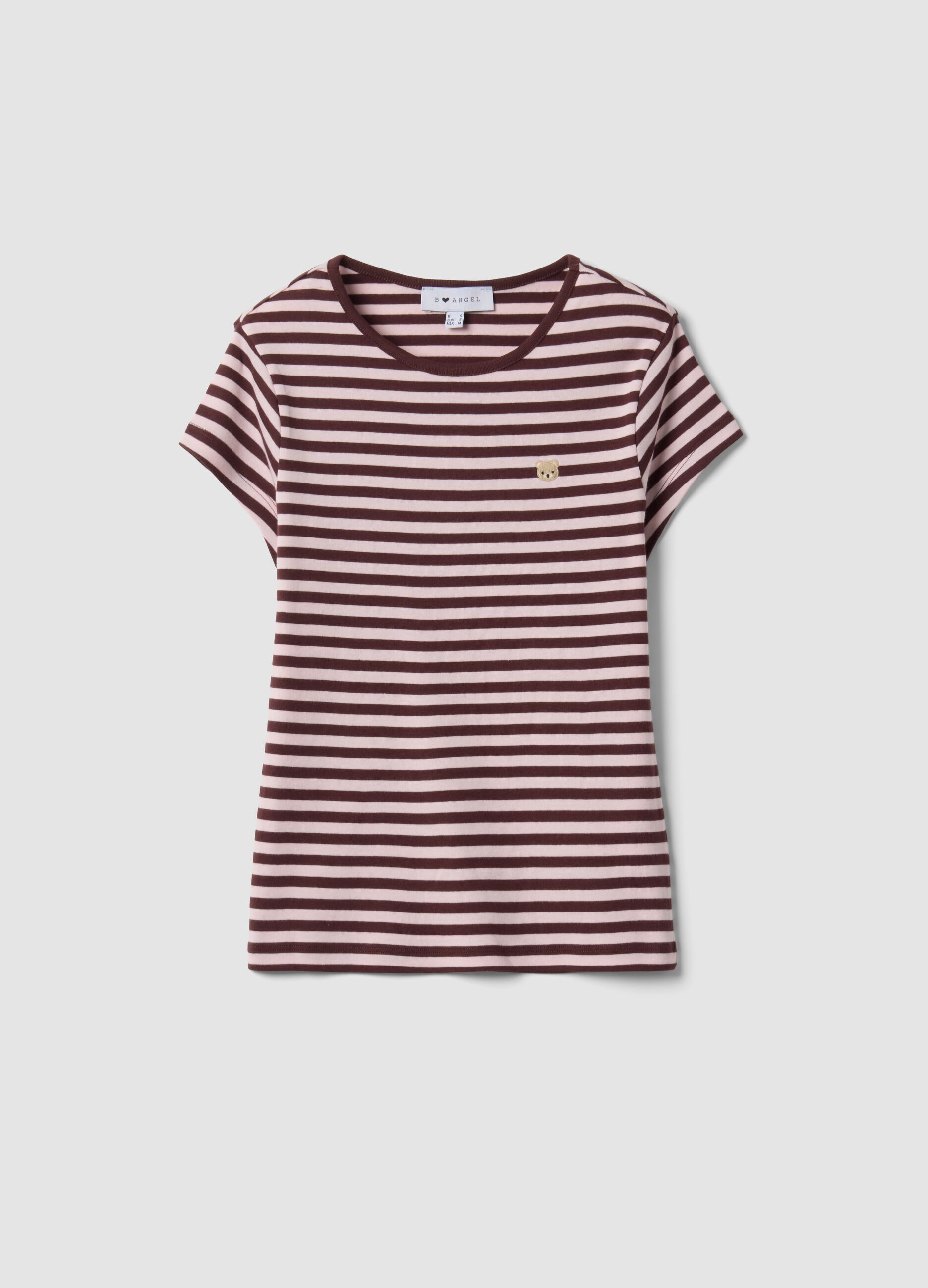 Brown pure cotton crew-neck striped T-shirt