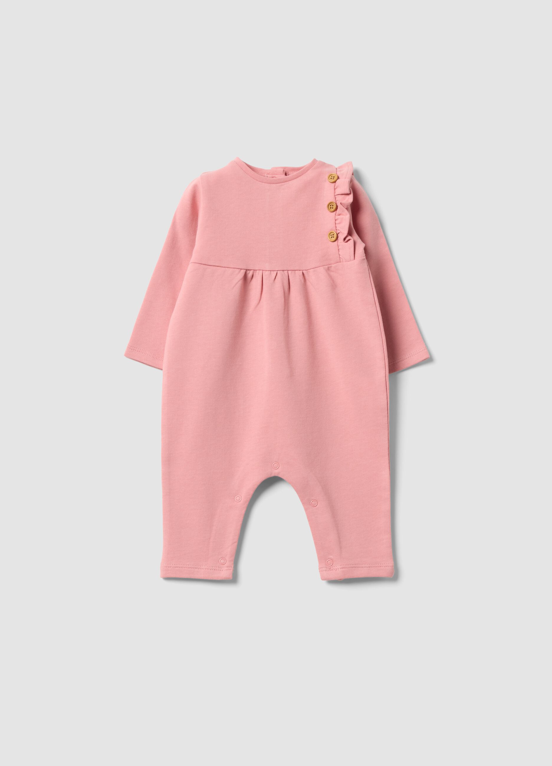 Pink organic cotton romper with ruffle for baby girl