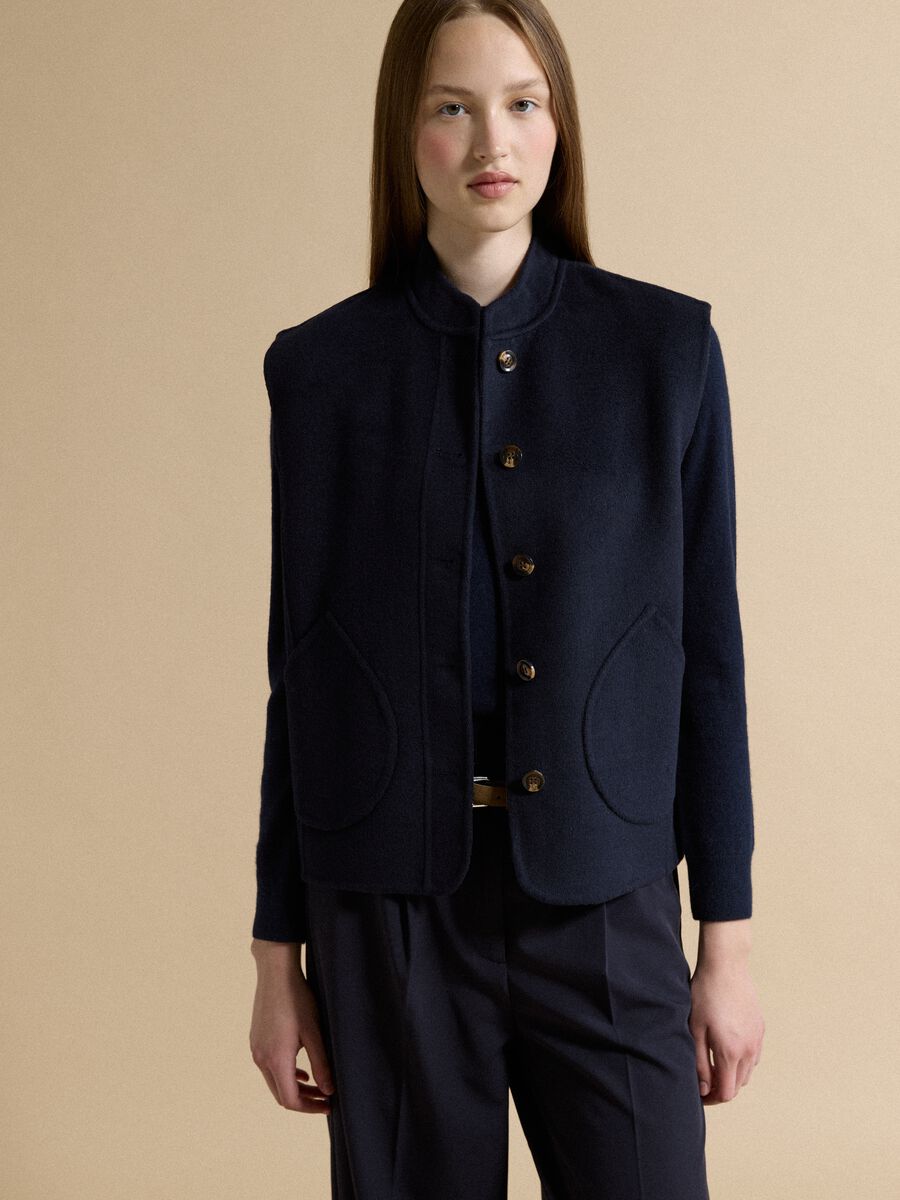 Blue wool-viscose blend gilet with patch pockets_0