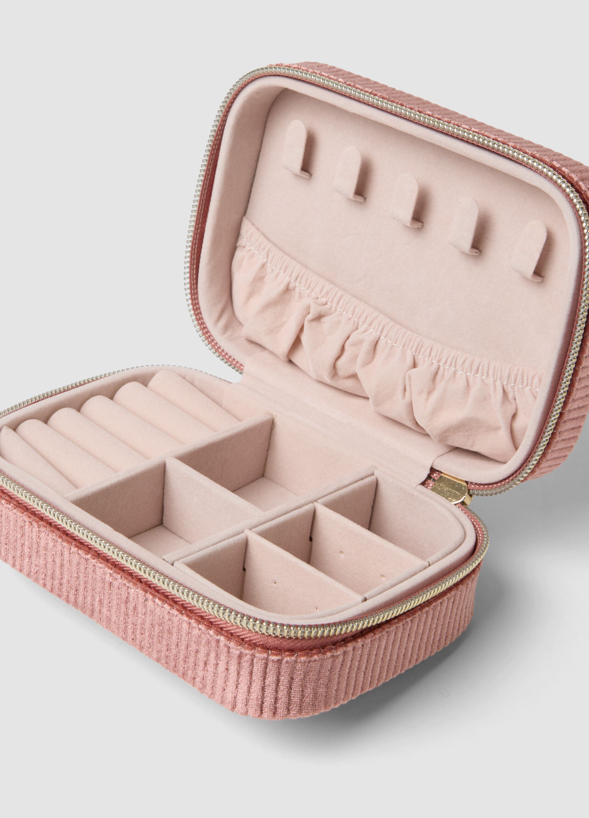 Pink stretch-fabric jewellery case with zip